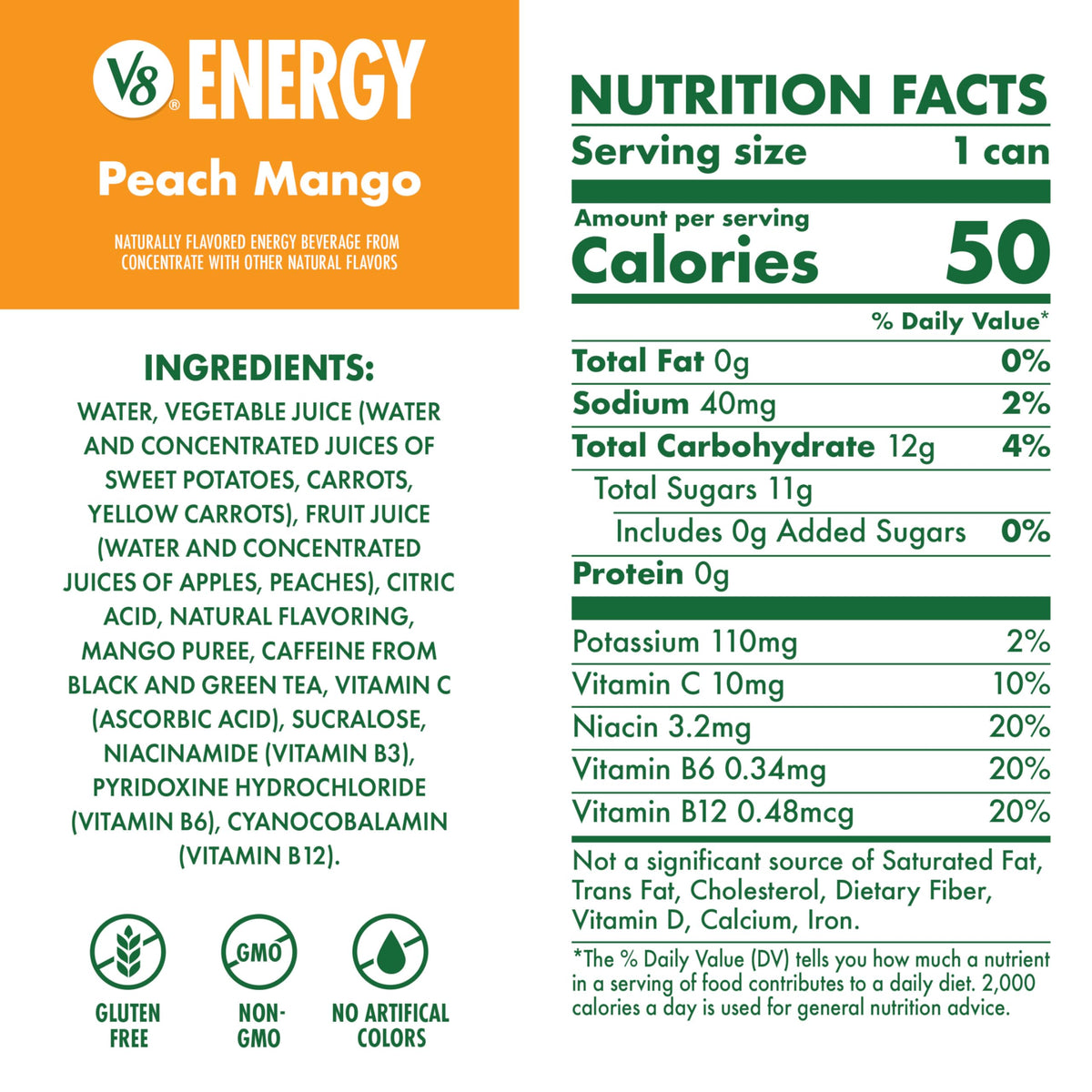V8 Energy Peach Mango Energy Drink, 8 fl oz Can (24 Pack)