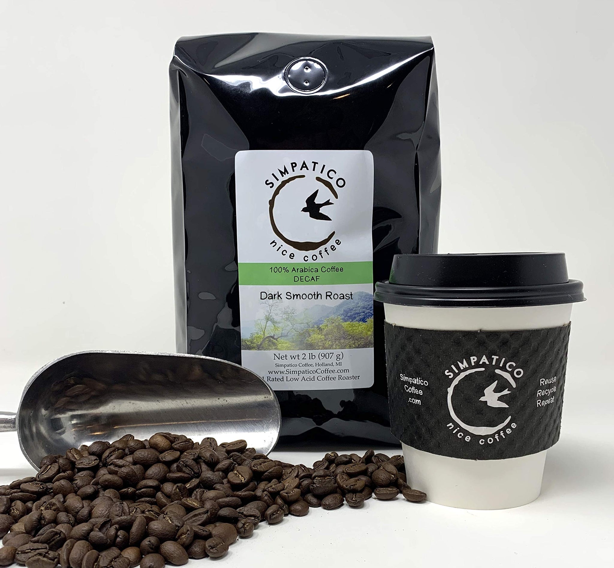 Simpatico Low Acid Coffee - DECAF - Dark Roast - WHOLE BEAN (2 pound bag)