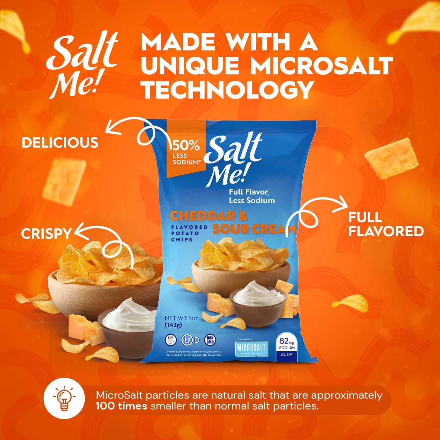 SaltMe! 4 flavor variety pack Potato Chips, 50% Low Salt, Kosher, Non-GMO, Better for You Chips, Original-BBQ-SC&Onion-Ched&Sour Cream 5 Ounces, Pack
