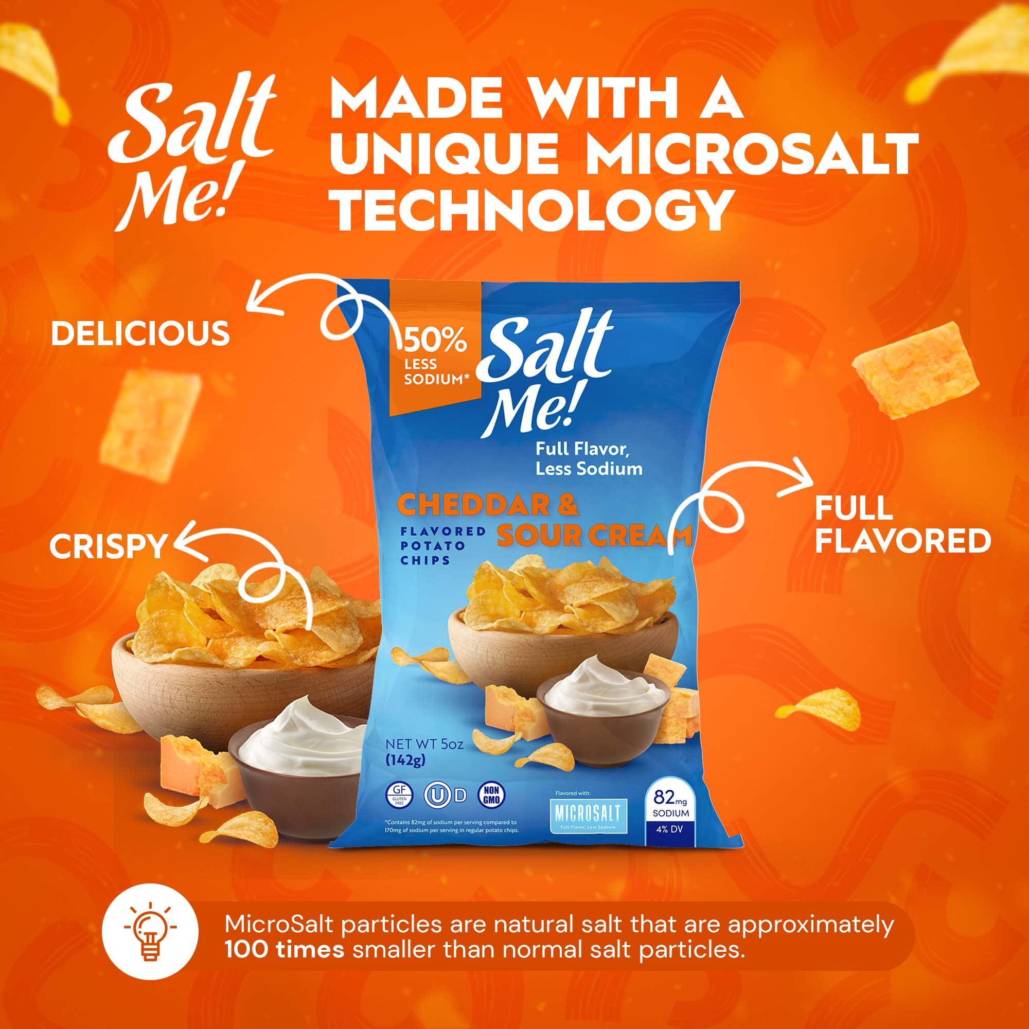 SaltMe! 4 flavor variety pack Potato Chips, 50% Low Salt, Kosher, Non-GMO, Better for You Chips, Original-BBQ-SC&Onion-Ched&Sour Cream 5 Ounces, Pack