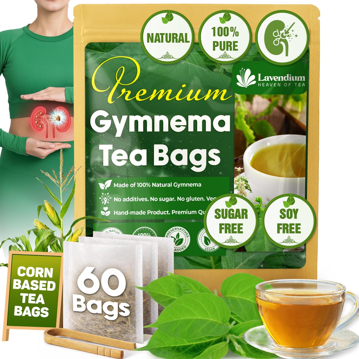 Lavendium, Premium 60 Gymnema Leaf Tea Bags, 100% Natural & Pure from Leaves. Gymnema Tea Bags for Diabetics - COLD-DRIED for Maximum Freshness