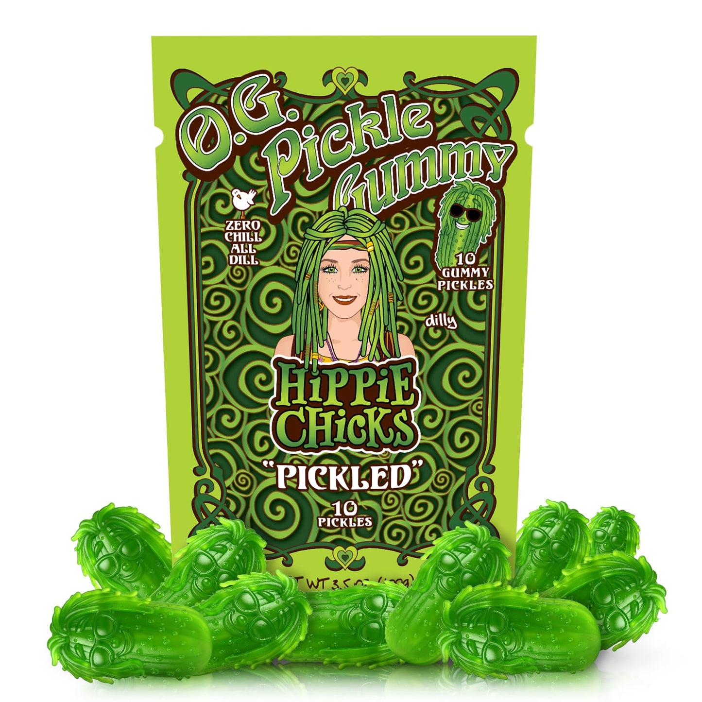 Hippie Chicks "Pickle Gummie" - Tangy & Bold Dill Pickle Flavored Candy - Fun Novelty Snack for Pickle Lovers & Foodies - Zesty, Sour & Salty Treat