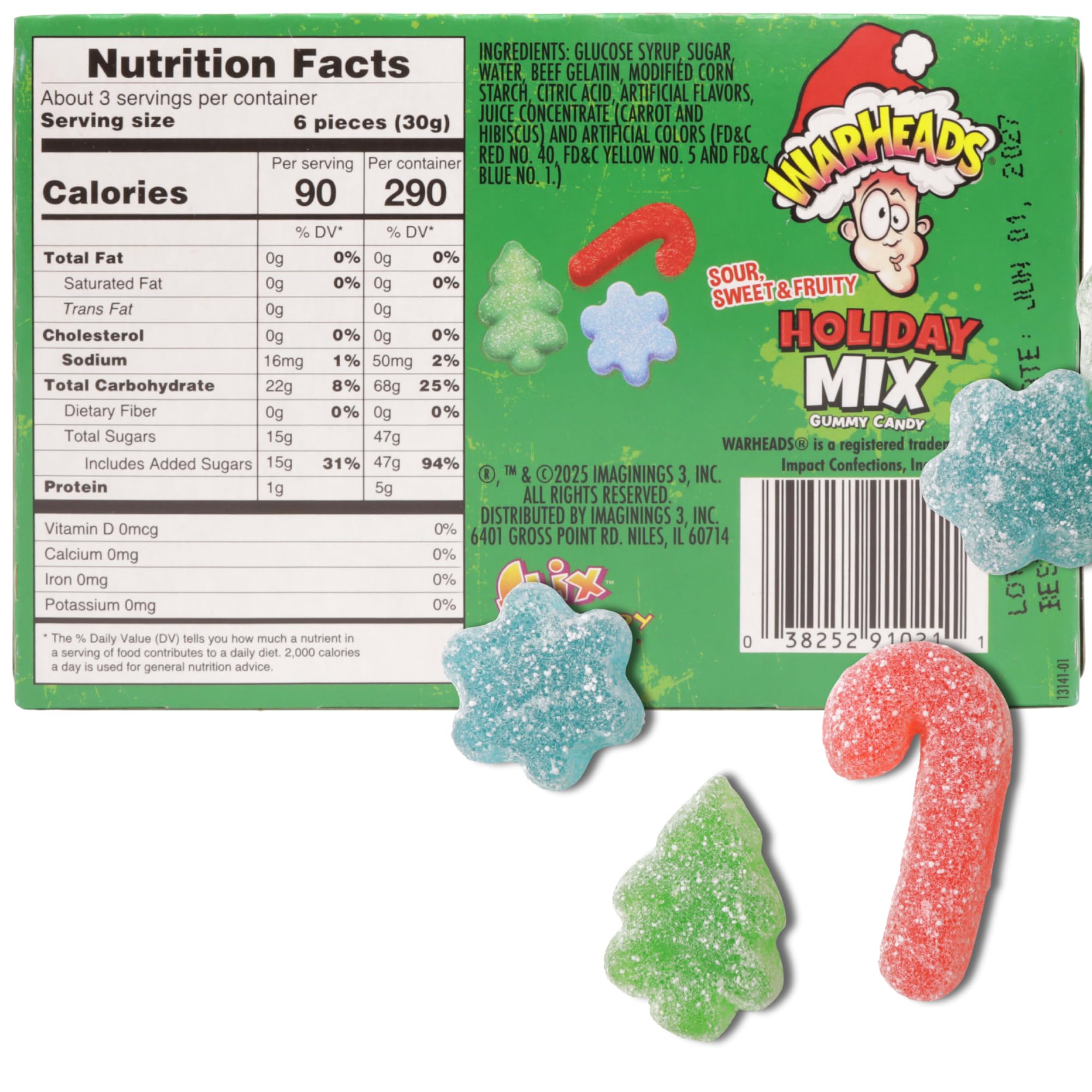 Warheads Holiday Mix Christmas Gummies, Sour Fruit Flavored Candy, Festive Stocking Stuffer, 3 Ounces (Pack of 3)