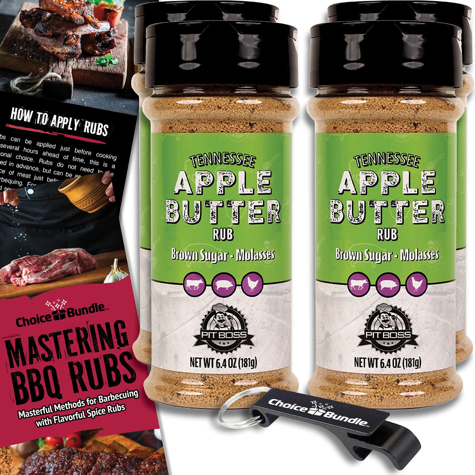 Pit Boss Tennessee Apple Butter Premium BBQ Barbecue Mixed Seasoning Spice & Rub 4 pk Choice Bundle (25.6 oz) + Guide & Keychain Bottle Opener (6
