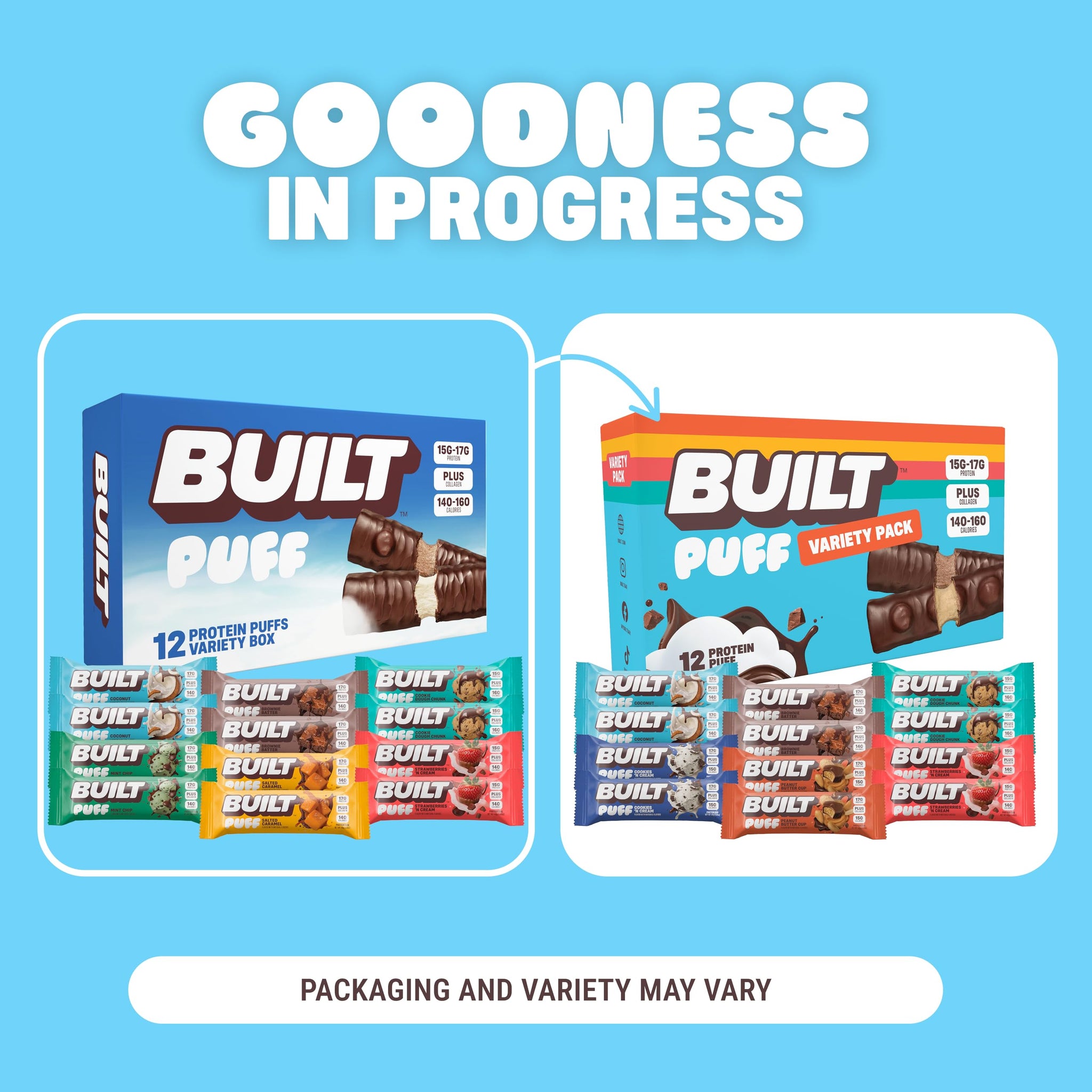BUILT Bar Puff Protein Bars - Variety Pack - 15-17g Protein Snack Bars with Collagen - Calorie Conscious & Gluten Free - 12 Count, Variety May Vary