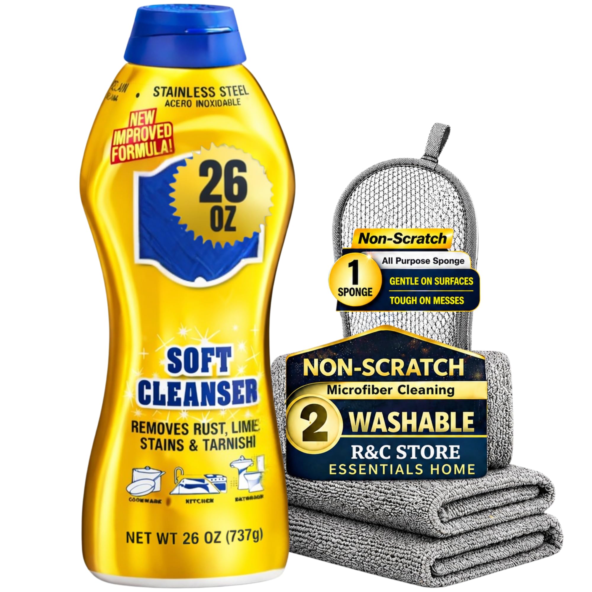 R&C Store Essentials Home Cleaning Bundle Kit, includes Multi-Purpose Soft Cleanser 26 oz + 2 Microfiber Cloths and 1 Non-Scratch Scrub Sponge