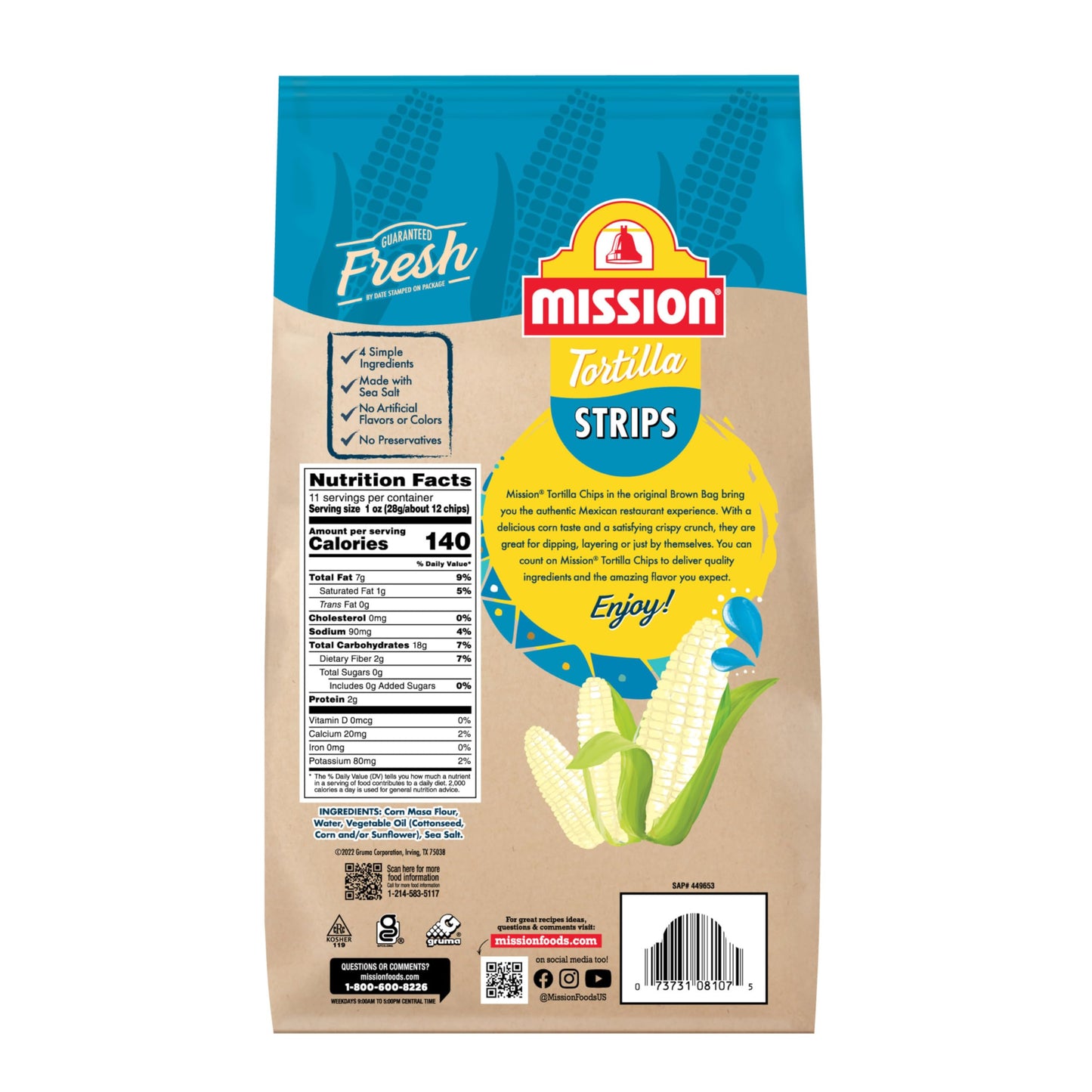 Mission Strips White Corn Tortilla Chips, 11 Ounce Bag