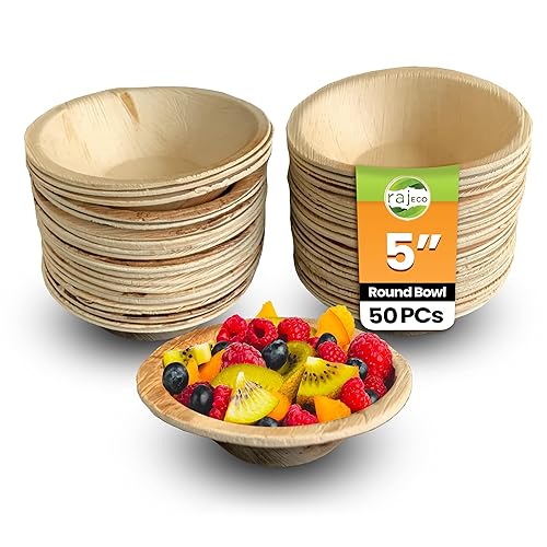 Raj Disposable Palm Leaf Bowls (50 Count, 5" Bowls) Strong Bowl Like Bamboo Party Bowl - Decorative Compostable Tableware for Lunch, Dinner, Birthday