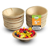 Raj Disposable Palm Leaf Bowls (50 Count, 5" Bowls) Strong Bowl Like Bamboo Party Bowl - Decorative Compostable Tableware for Lunch, Dinner, Birthday