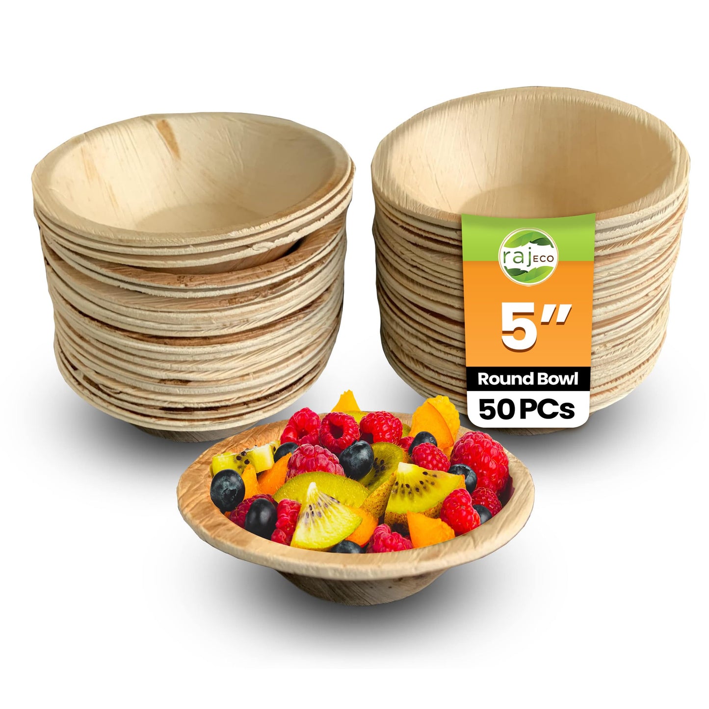 Raj Disposable Palm Leaf Bowls (50 Count, 5" Bowls) Strong Bowl Like Bamboo Party Bowl - Decorative Compostable Tableware for Lunch, Dinner, Birthday