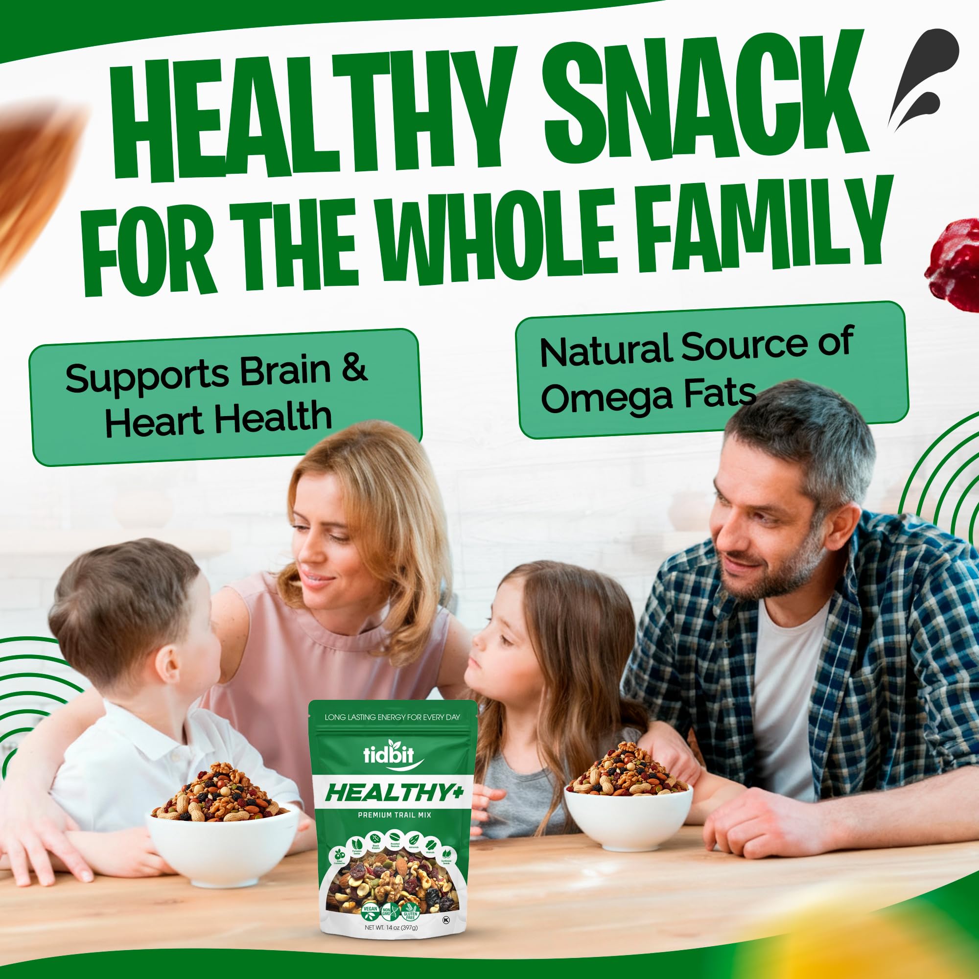 Tidbit Trail Mix with Roasted Peanuts, Almonds, Walnuts, Pumpkin Seeds, Sunflower Seeds, Black Raisins & Dried Cranberries - Mixed Nuts for Natural