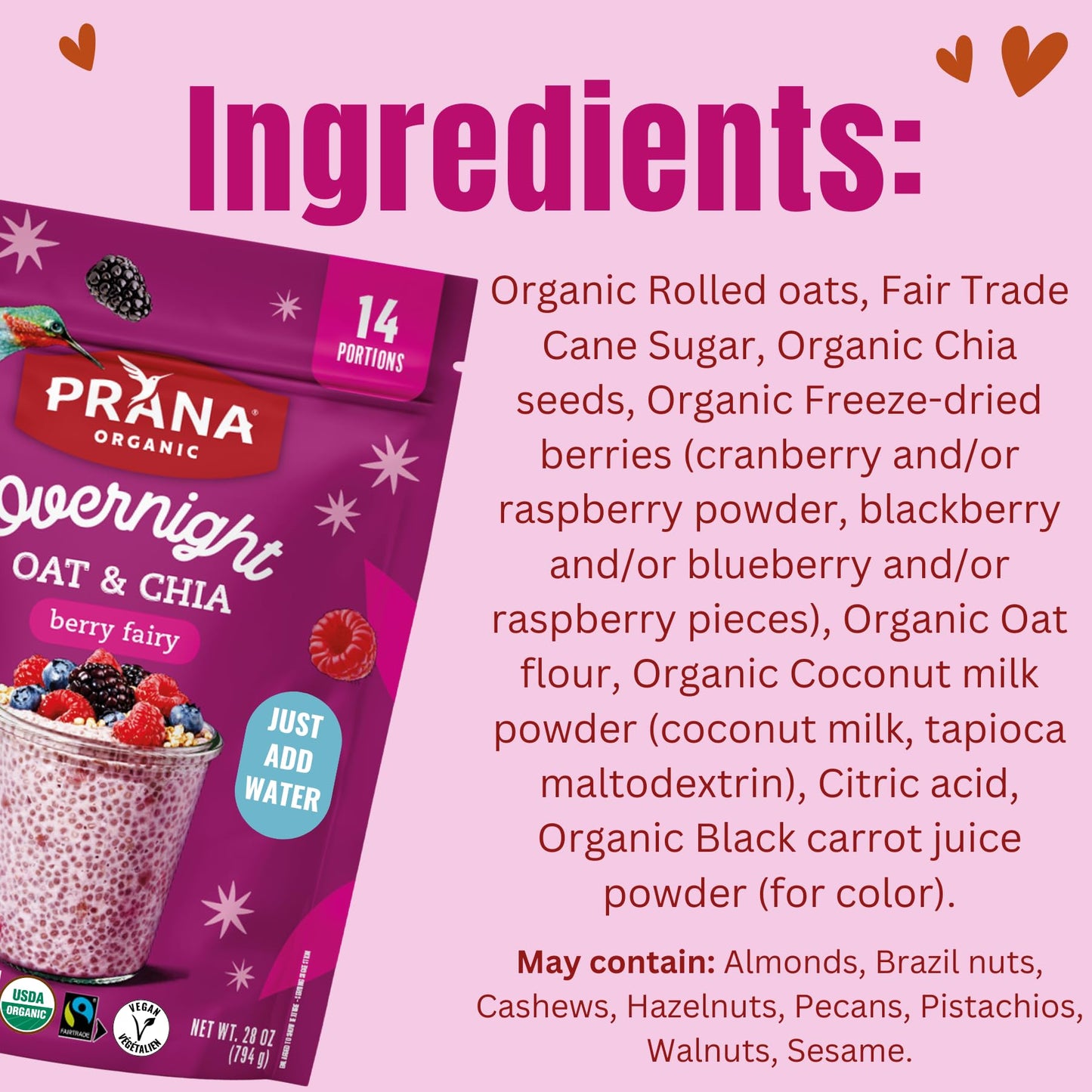 Prana Organic Overnight Chia with Oats Berry Fairy | Rich in Fiber & Protein, Vegan, Non-GMO | Ready to Eat Breakfast - 28 oz Bags - 1 Pack