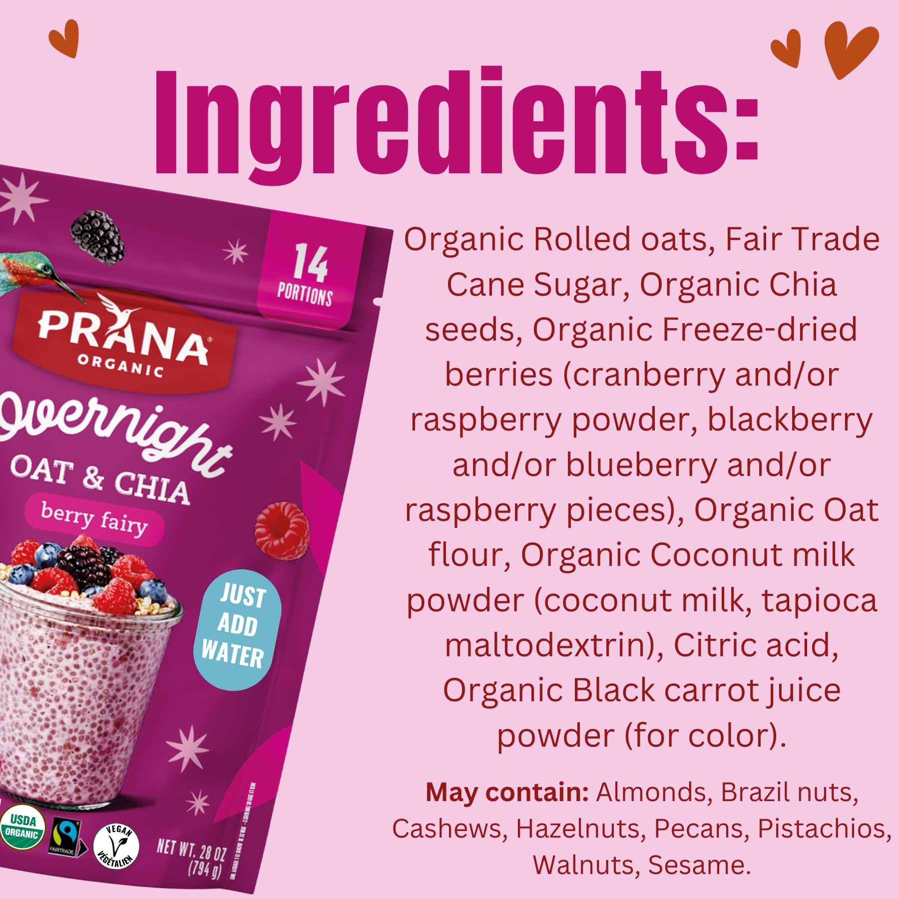 Prana Organic Overnight Chia with Oats Berry Fairy | Rich in Fiber & Protein, Vegan, Non-GMO | Ready to Eat Breakfast - 28 oz Bags - 1 Pack
