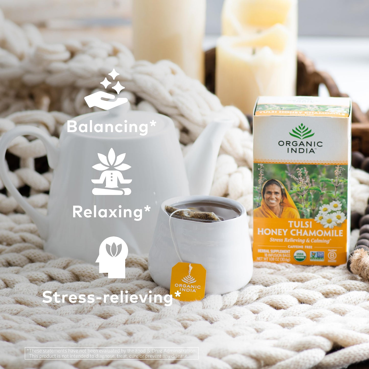 Organic India Tulsi Honey Chamomile Tea Bags - Herbal Tea for Stress Relieving & Calming, Immune Support, Adaptogen, Gluten-Free, USDA Certified