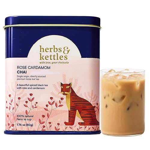 Herbs & Kettles Chai - Rose Cardamom | Assam Black Tea with Rose Petals, Green Cardamom, Ginger, Cinnamon & Cloves | Floral Loose Leaf Blend | Makes
