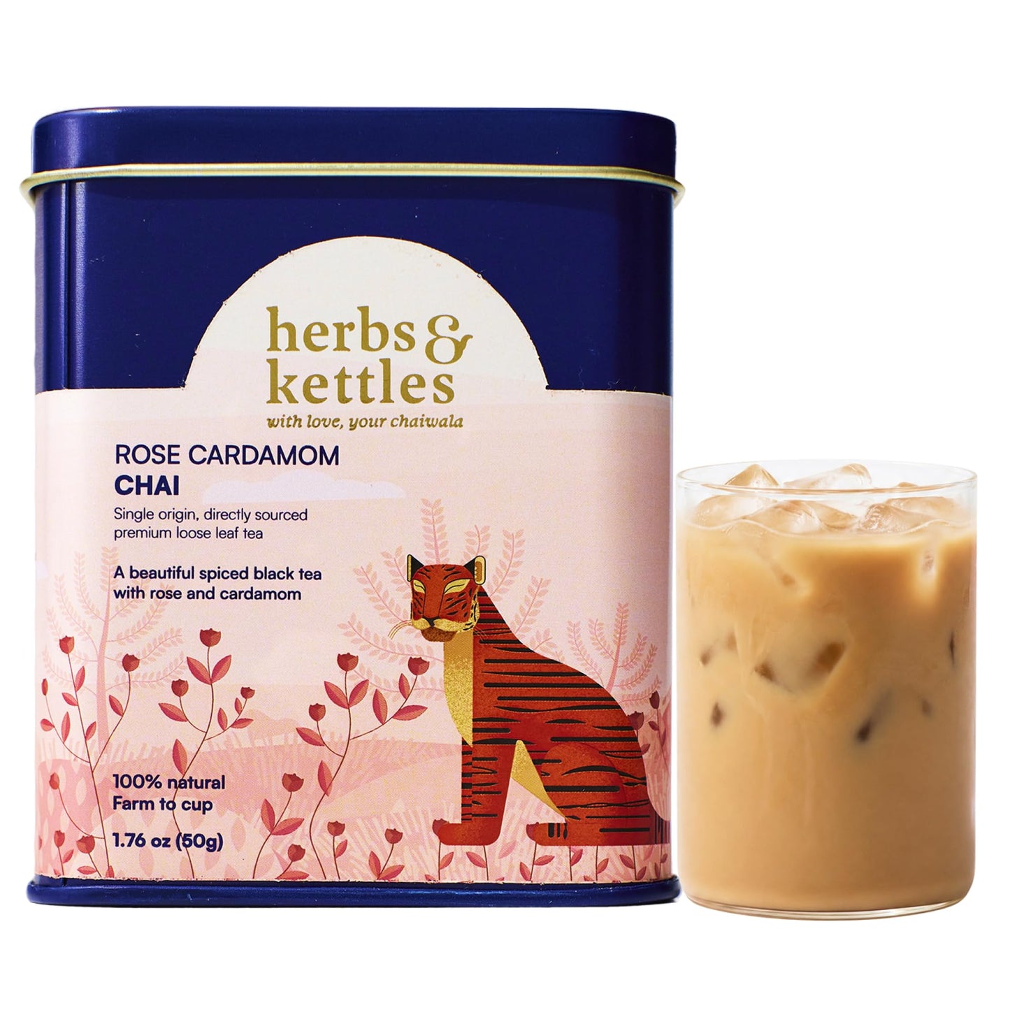 Herbs & Kettles Chai - Rose Cardamom | Assam Black Tea with Rose Petals, Green Cardamom, Ginger, Cinnamon & Cloves | Floral Loose Leaf Blend | Makes