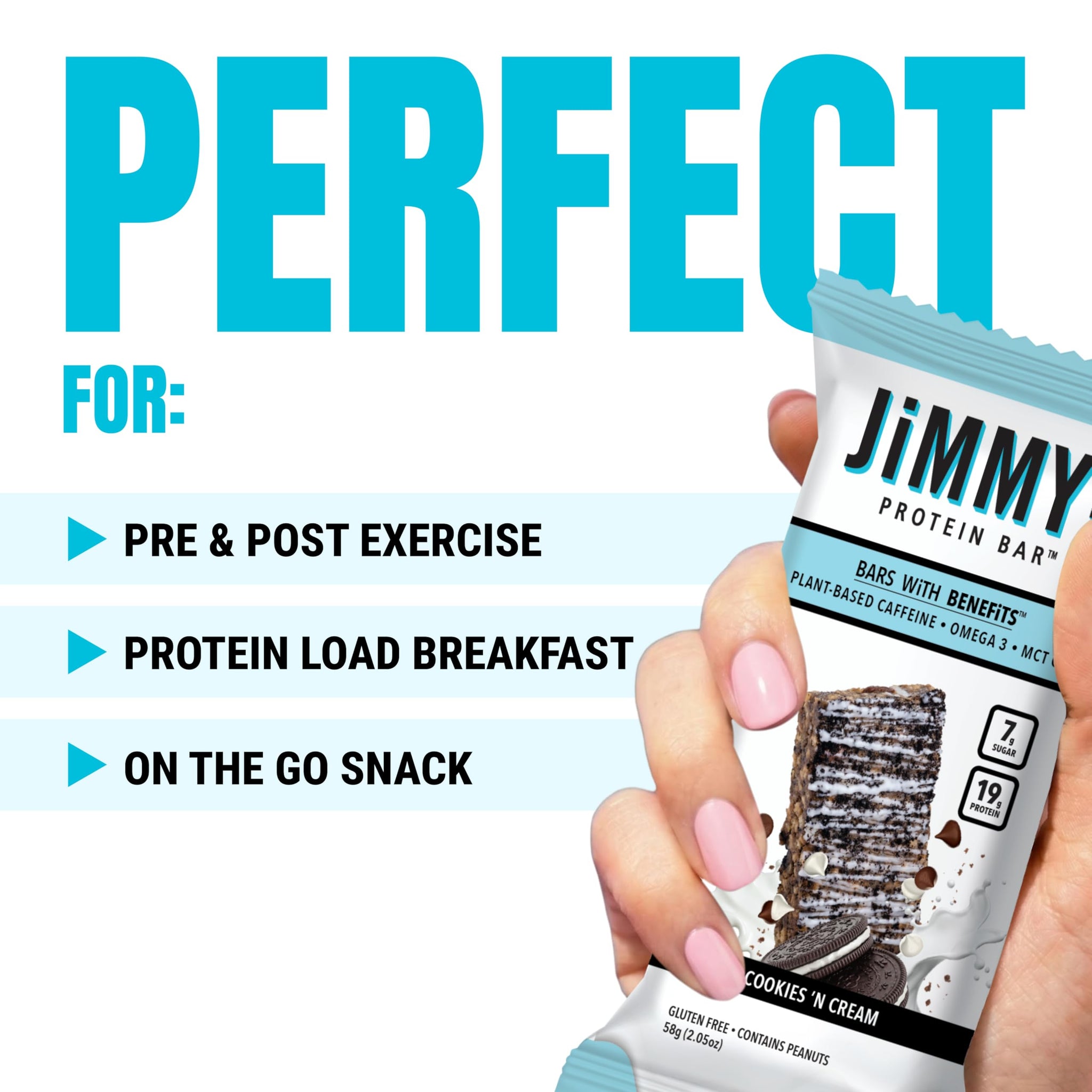 JiMMYBAR! - Cookies N Cream Protein Bars 19g Protein Bar - 7g Low Sugar - 12 Count - 58g Health Bars - Functional Snack with Real Food Ingredients