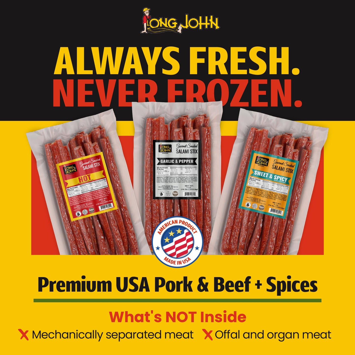 Long John Snacks Dried Salami Sticks - High Protein Smoked Meat Sticks Bulk Pack - Handcrafted From Fresh, Never-Frozen Cuts of USA Beef and Pork