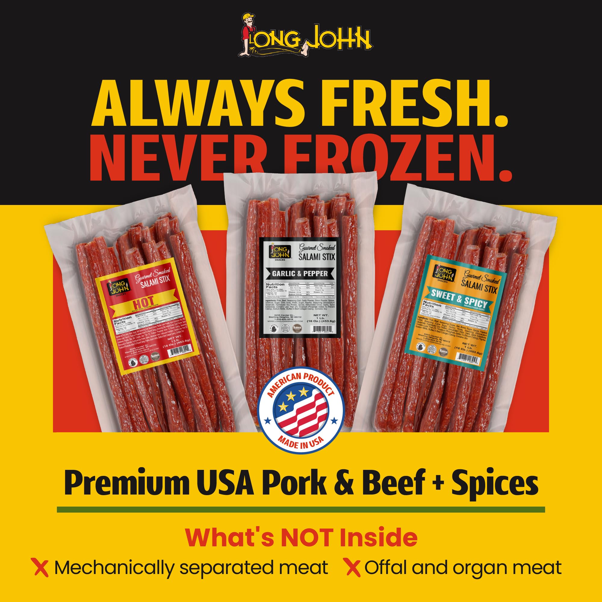 Long John Snacks Dried Salami Sticks - High Protein Smoked Meat Sticks Bulk Pack - Handcrafted From Fresh, Never-Frozen Cuts of USA Beef and Pork
