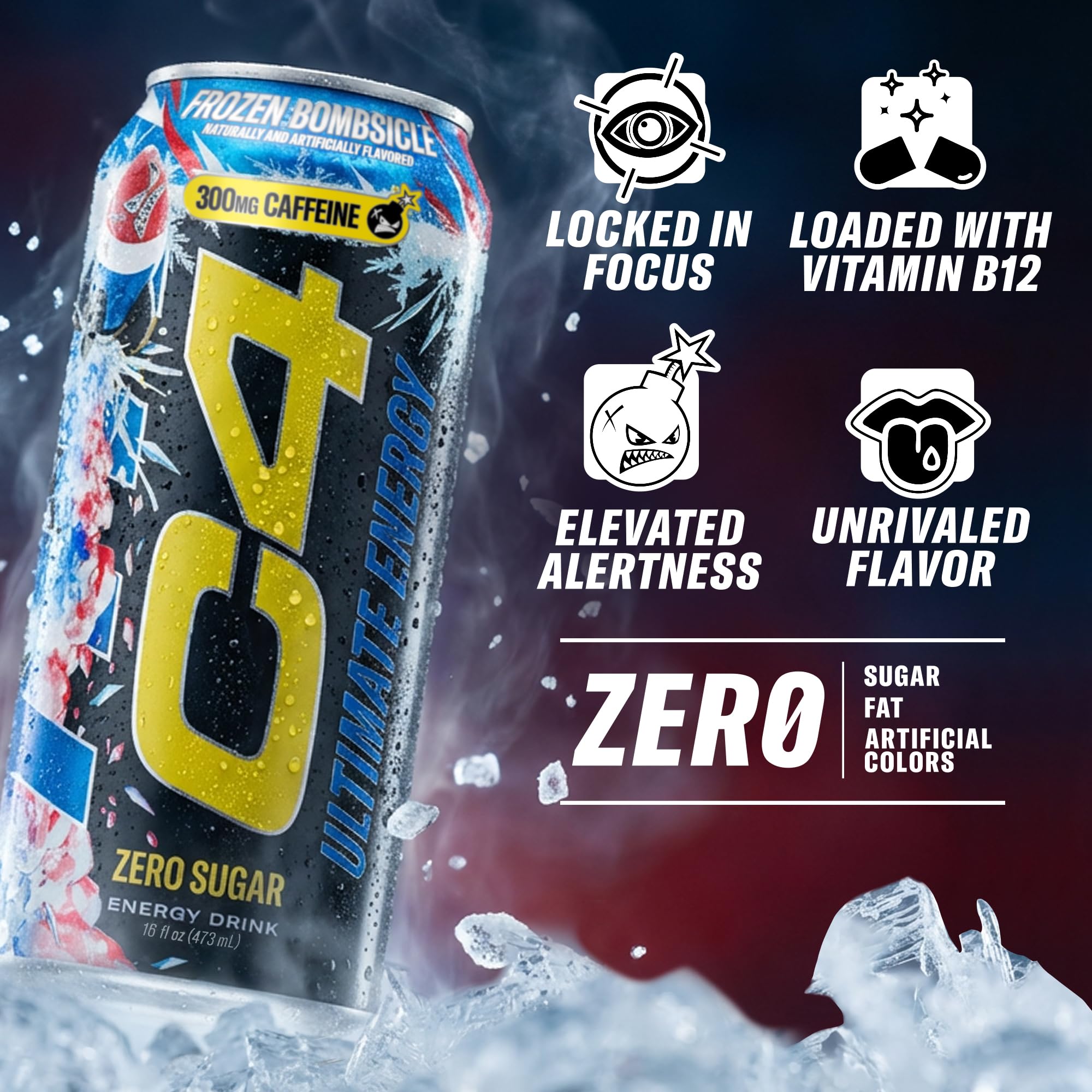 C4 Ultimate Energy Drink, 300mg Caffeine, Zero Sugar, High-Performance Energy for Pre-Workout, Endurance, and Focus, Frozen Bombsicle, 16oz (Pack