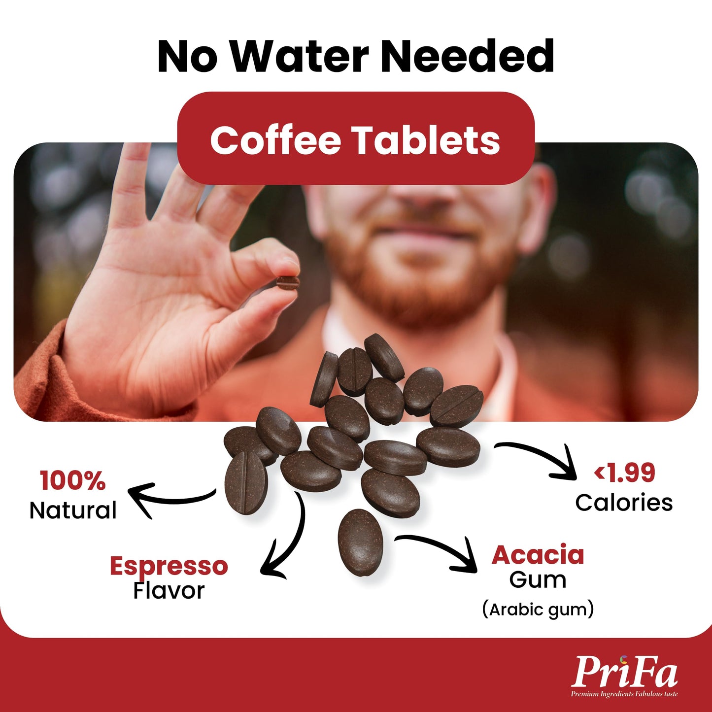 PriFa Espresso Coffee Tablets - Water-Free Coffee, Instant Coffee On-The-Go, Sugar-Free, Pocket-Friendly, Portable Caffeine Boost - 30mg Caffeine, 25