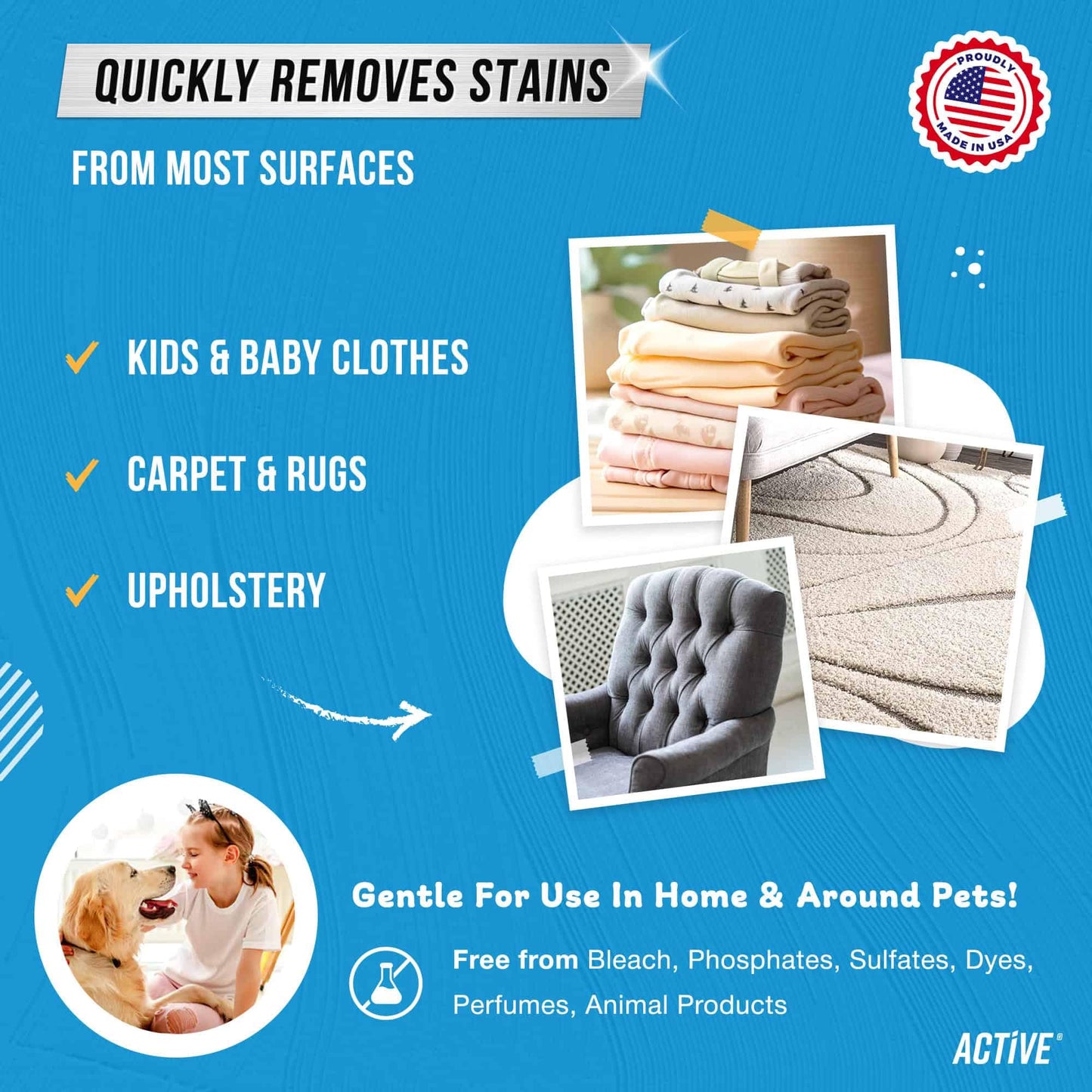 Messy Kids Stain Remover Spray - ACTIVE Laundry Spot Cleaner, Natural Stain Treater Spray for Baby Clothes Fabric, Toddler Clothing, Rescue Mess
