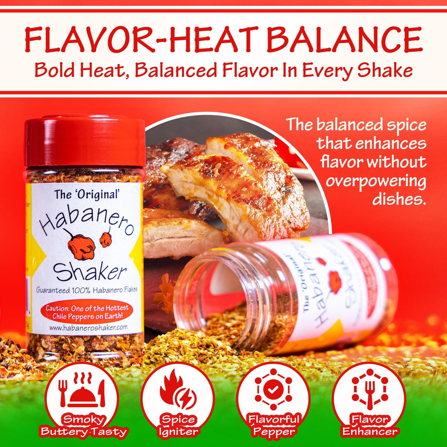 The Original Habanero Shaker - Pure Hot Chile Pepper Flakes, Custom Ground for Balanced Flavor & Heat, No Additives, Gluten-Free, Salt & Sugar-Free