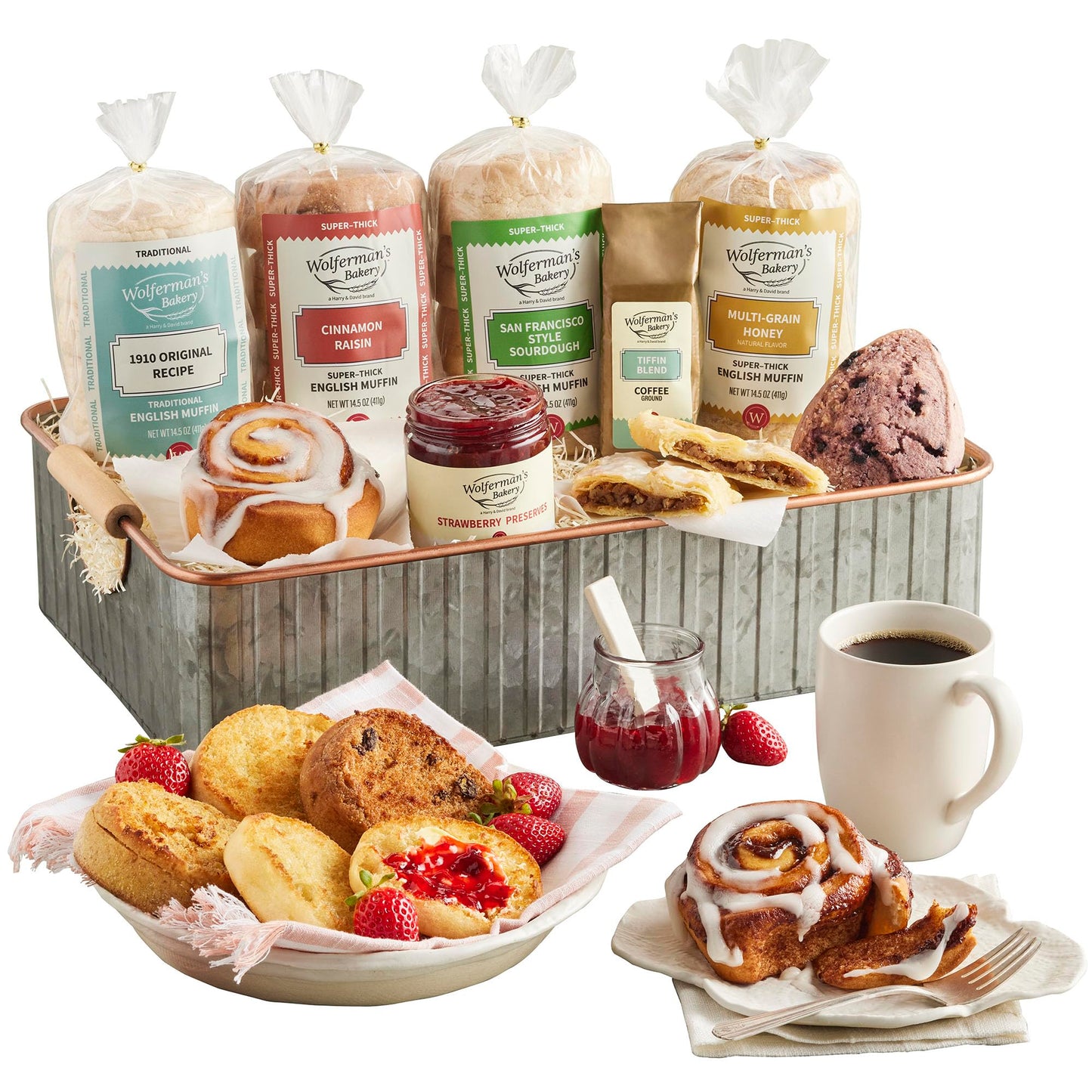 Wolferman's Bakery Favorites Tray, Deluxe Tin With Cinnamon Raisin, Sourdough, Multigrain Honey & Original English Muffins, Kringle, Scone, Cinnamon