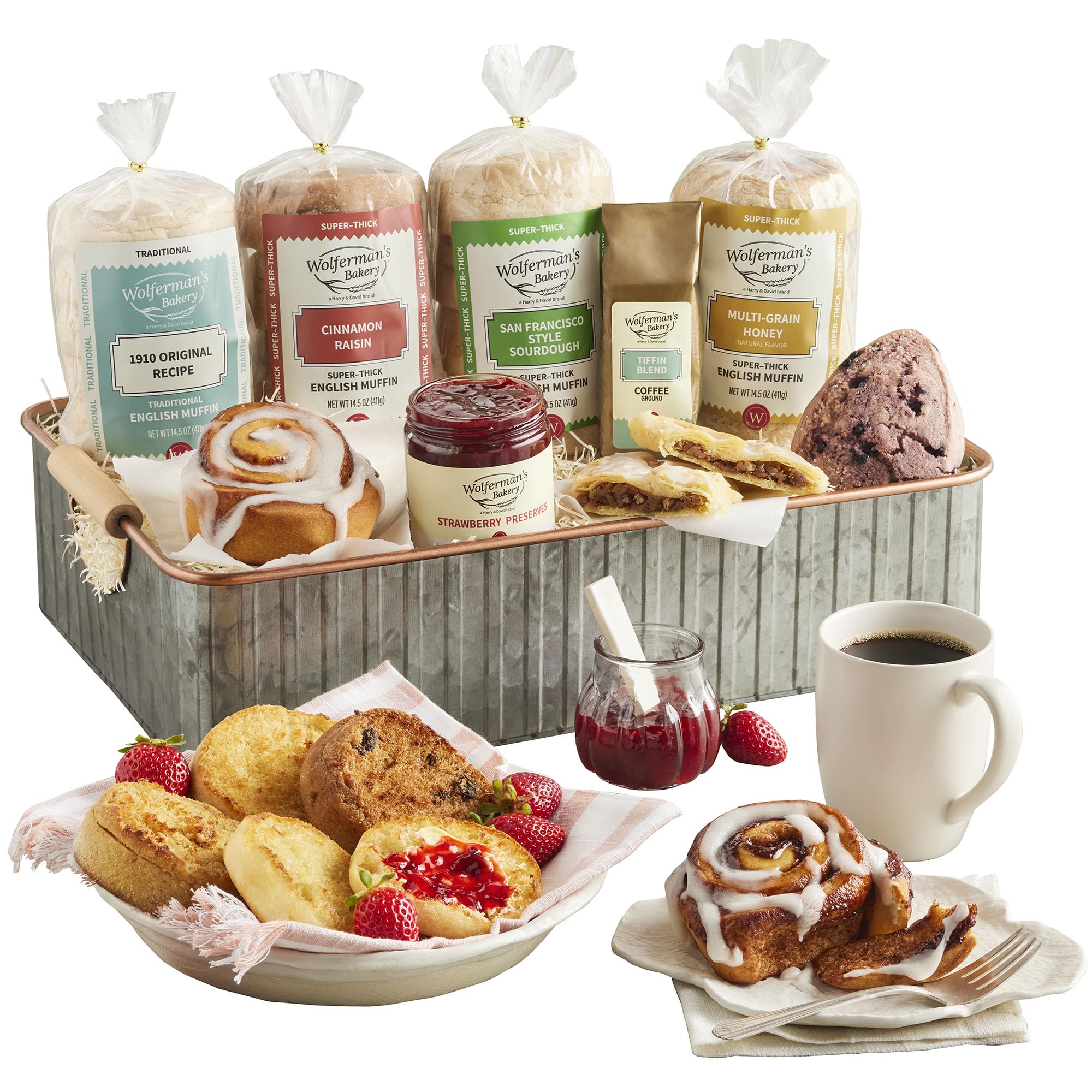Wolferman's Bakery Favorites Tray, Deluxe Tin With Cinnamon Raisin, Sourdough, Multigrain Honey & Original English Muffins, Kringle, Scone, Cinnamon
