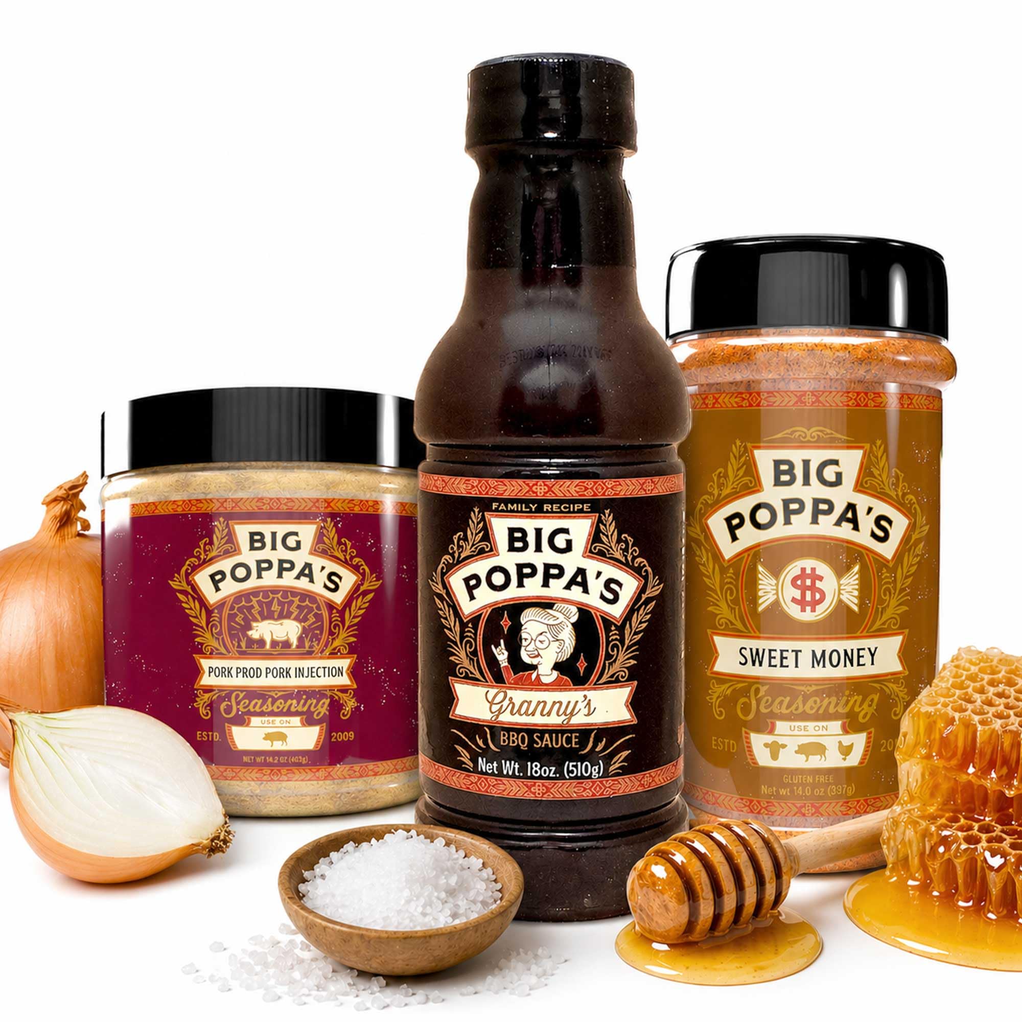 Big Poppa’s Pork BBQ Bundle Flavor System - Pork Injection, Sweet Rub and Classic BBQ Sauce Kit for Ribs, Pork Butt and Brisket - Balanced