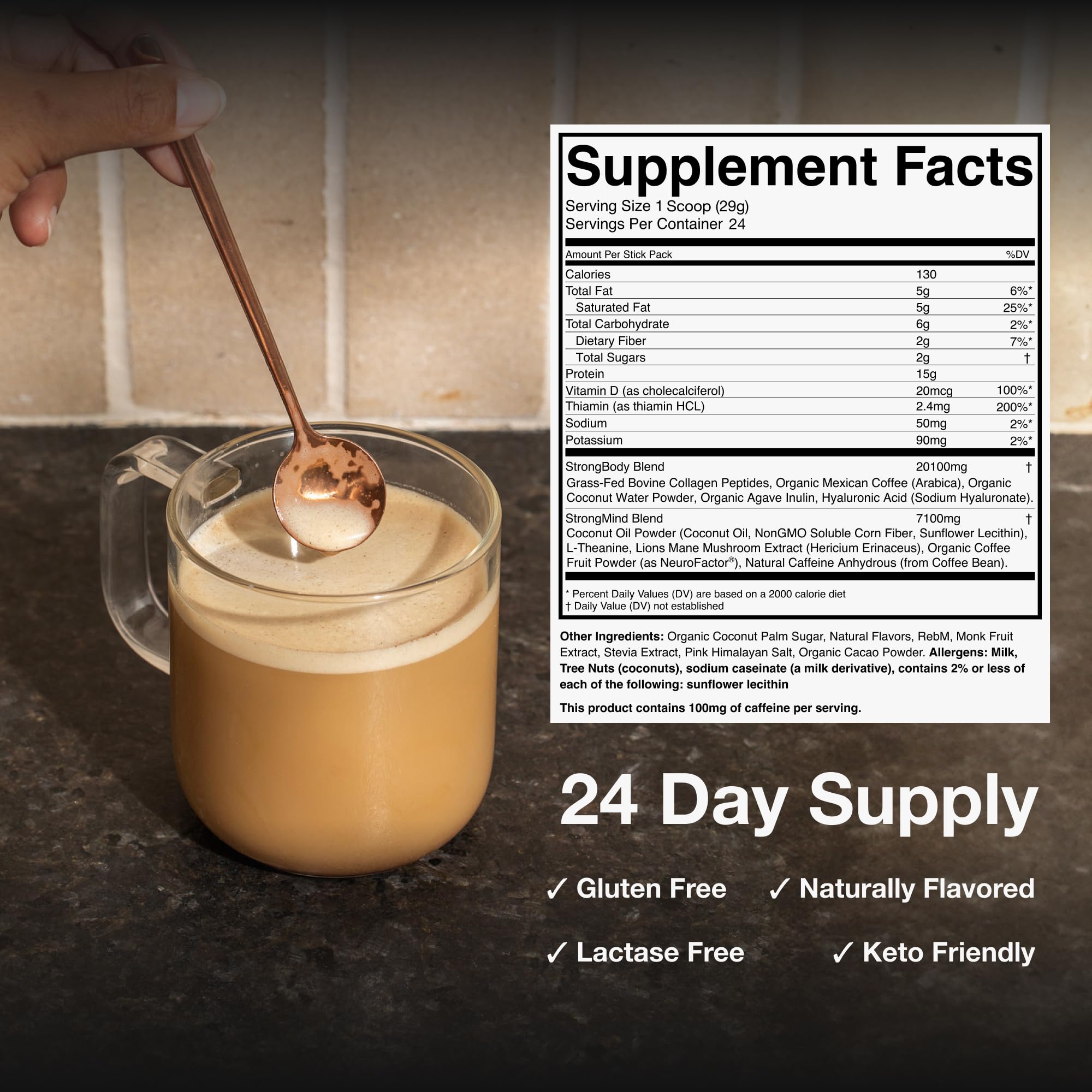 Strong Coffee Co. Vanilla Instant Latte Travel Pack | Organic Coffee with 15g Collagen Protein | Lion’s Mane & L-Theanine | Nootropic Instant Coffee |