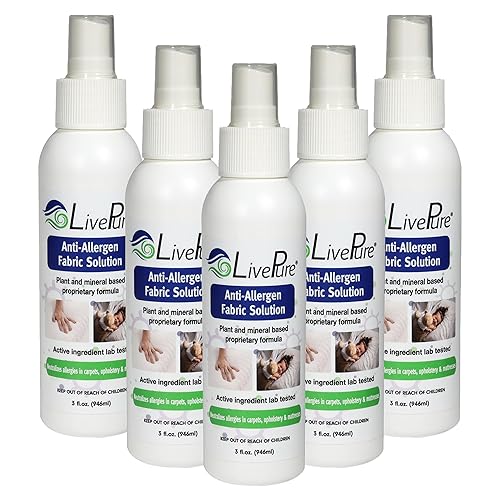 LivePure Anti-Allergen 3 OZ Fabric Spray for Household Surfaces. Plant-Based Allergy Spray for Dust Mites and Pet Dander. Fragrance Free - 5 Pack