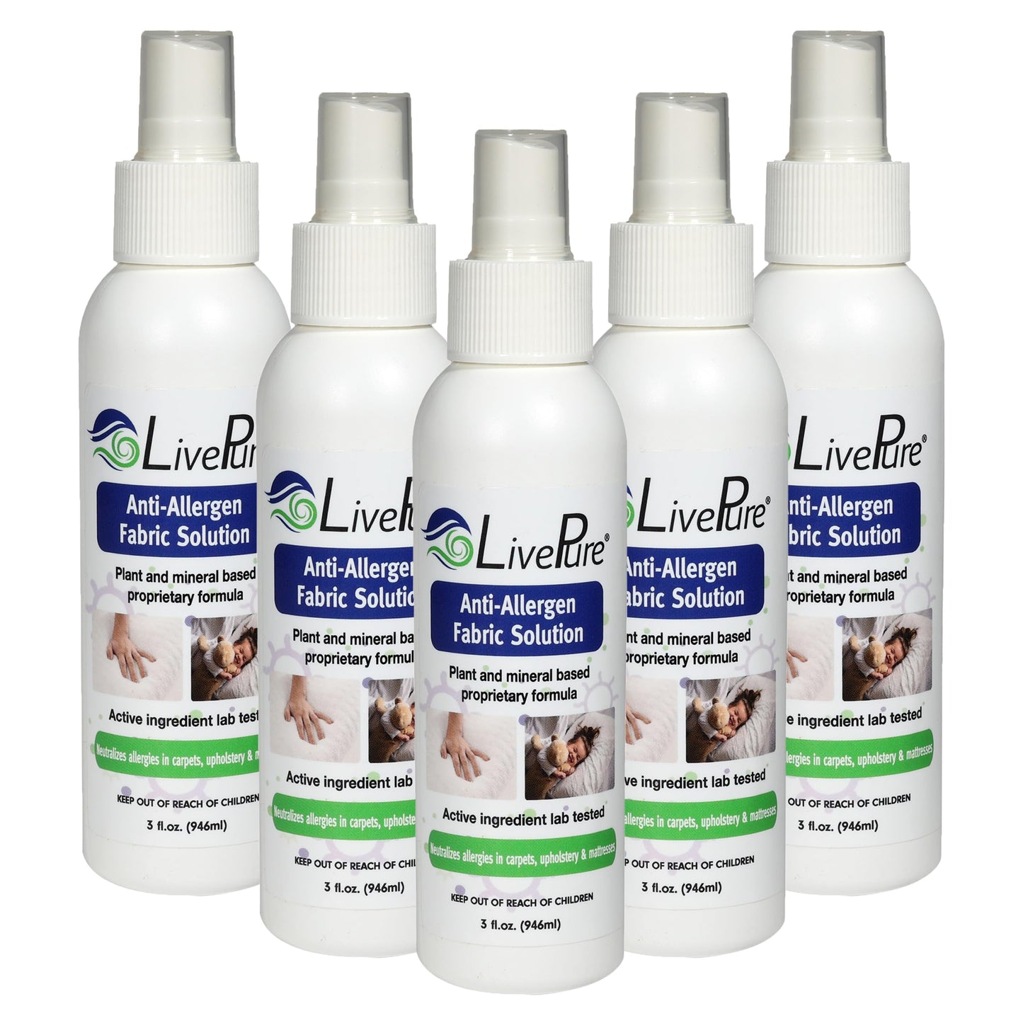 LivePure Anti-Allergen 3 OZ Fabric Spray for Household Surfaces. Plant-Based Allergy Spray for Dust Mites and Pet Dander. Fragrance Free - 5 Pack