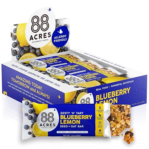 88 Acres Granola Bars, Blueberry Lemon, 12 Count, School Safe, Allergen Free Seed & Oat Snack Bar, Gluten & Nut Free, Vegan, Non-GMO & Kosher