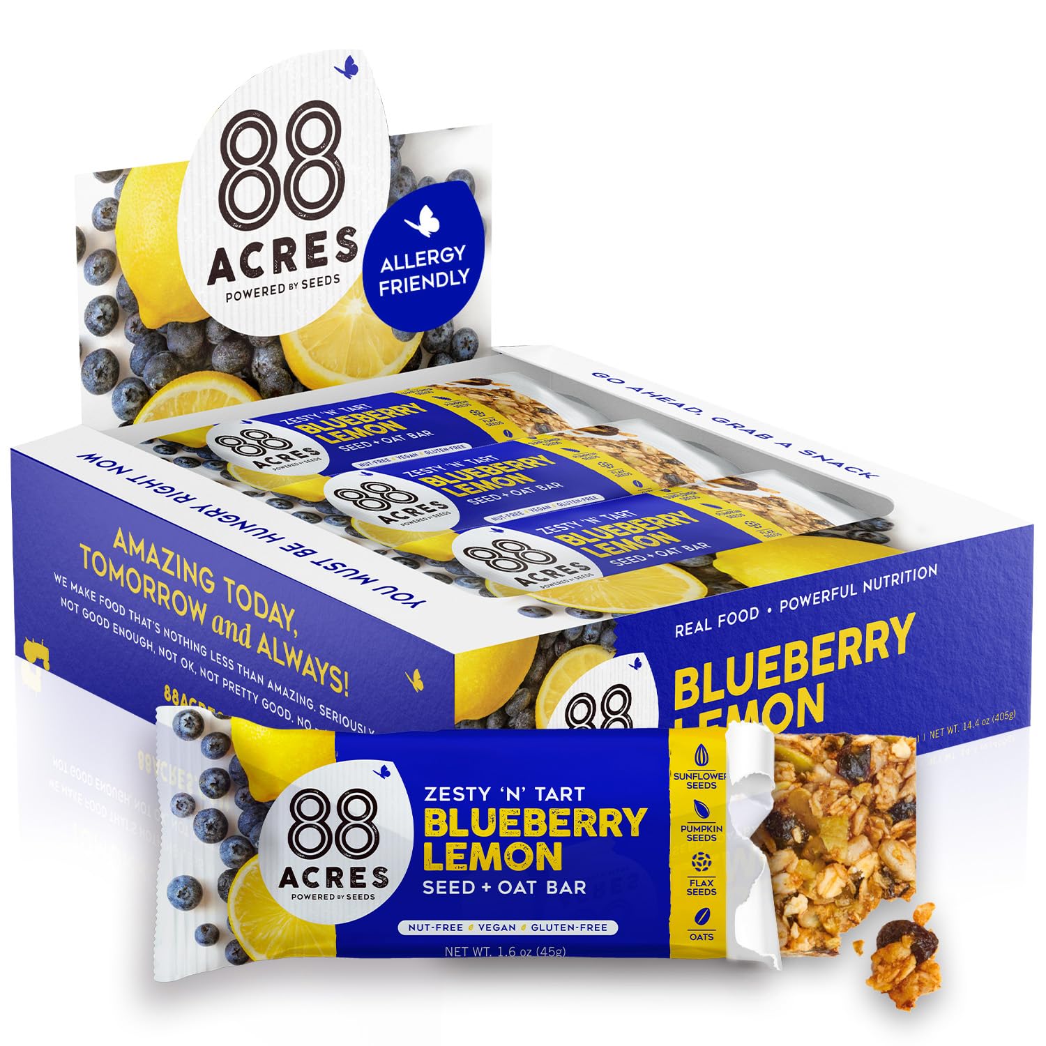 88 Acres Granola Bars, Blueberry Lemon, 12 Count, School Safe, Allergen Free Seed & Oat Snack Bar, Gluten & Nut Free, Vegan, Non-GMO & Kosher