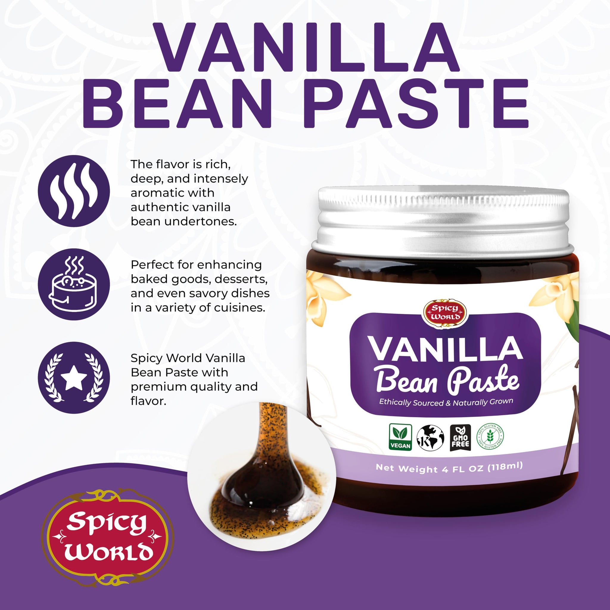 Spicy World Vanilla Bean Paste 4oz Jar - All Natural & Pure - Made with Organic Agave Syrup - For Cooking, Baking & Desserts - 100% Vegan & Kosher