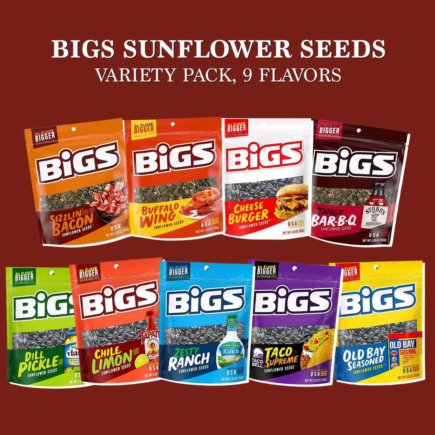 Bigs Sunflower Seeds Variety Pack Care Package Gift Basket, 9 x 5.35oz Packs of Flavored Sunflower Seeds by Rebel Smuggling Galactic Emporium