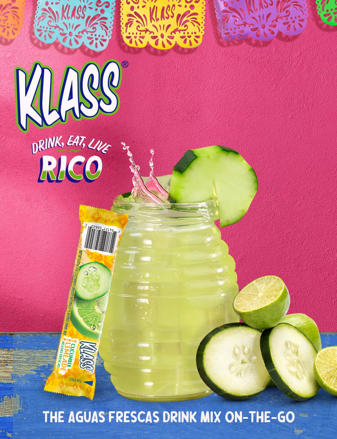 Klass Aguas Frescas, Powdered Drink Mix Variety Pack, 40 Singles Zero Sugar & Caffeine-Free Powder Packets, Water Drink Mix, Flavors: Cucumber