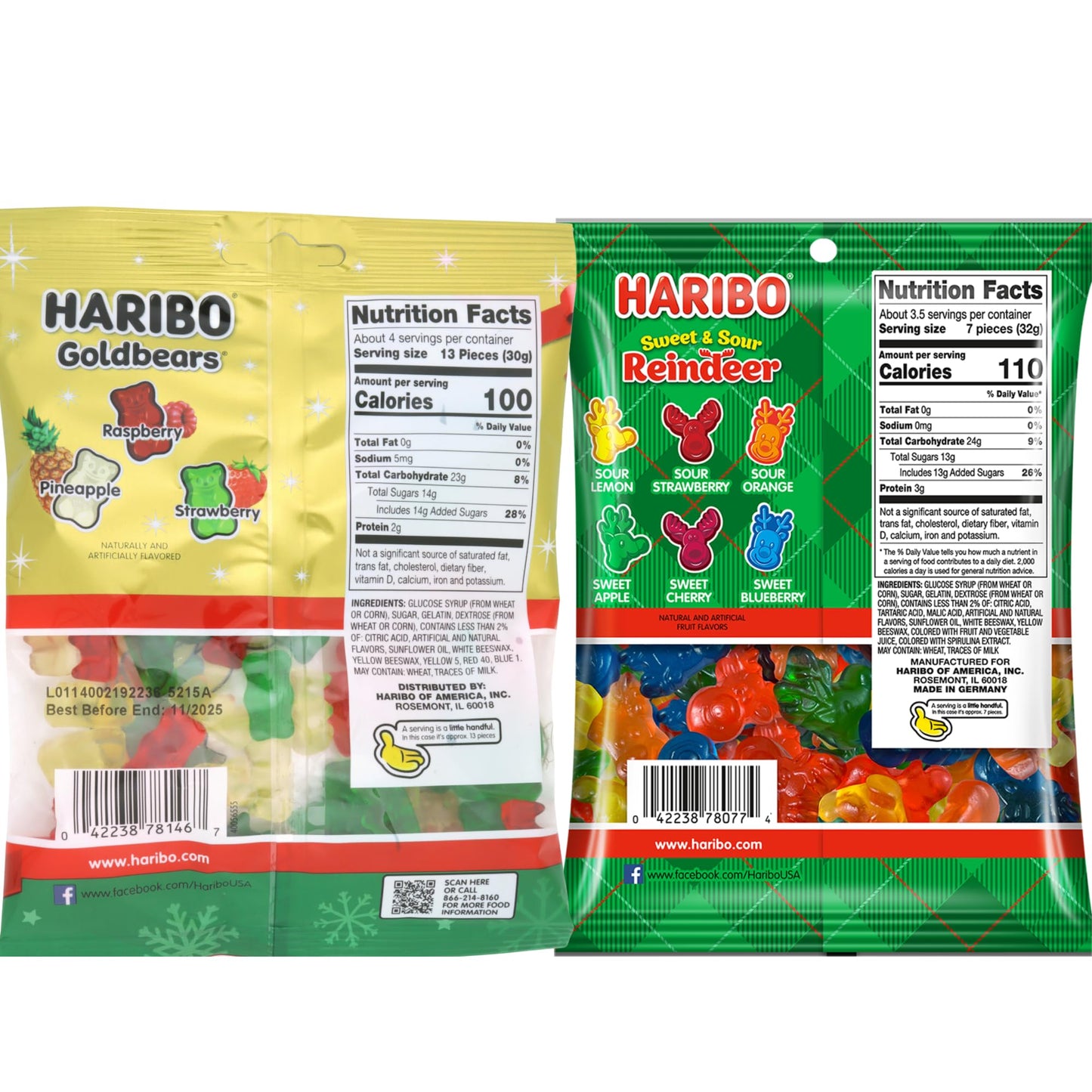 Christmas Haribo Gummy Bears and Sweet and Sour Reindeer, Festive Chewy Fruit Candies, Stocking Stuffer Gifts, 4 Ounces (Pack of 4)