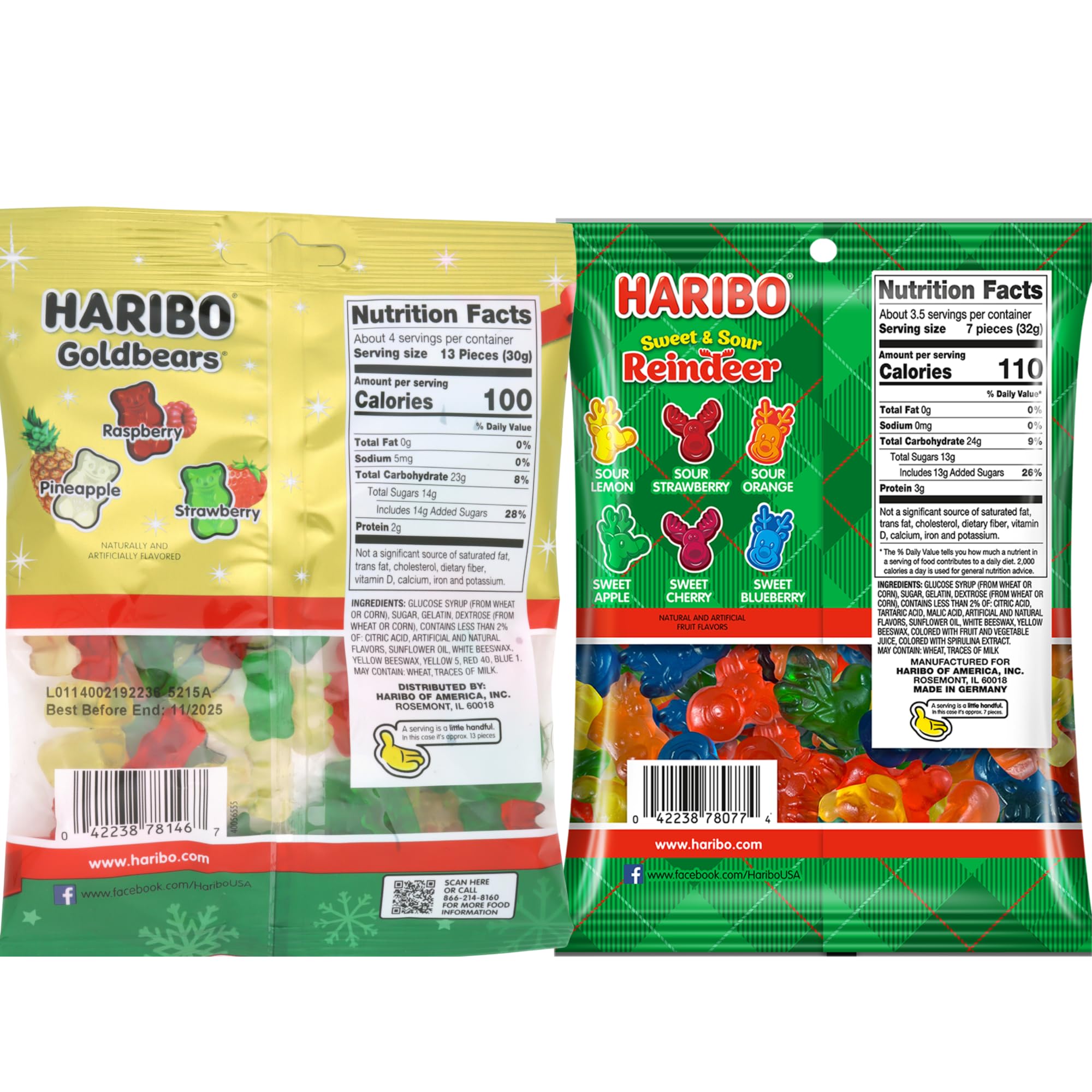 Christmas Haribo Gummy Bears and Sweet and Sour Reindeer, Festive Chewy Fruit Candies, Stocking Stuffer Gifts, 4 Ounces (Pack of 4)