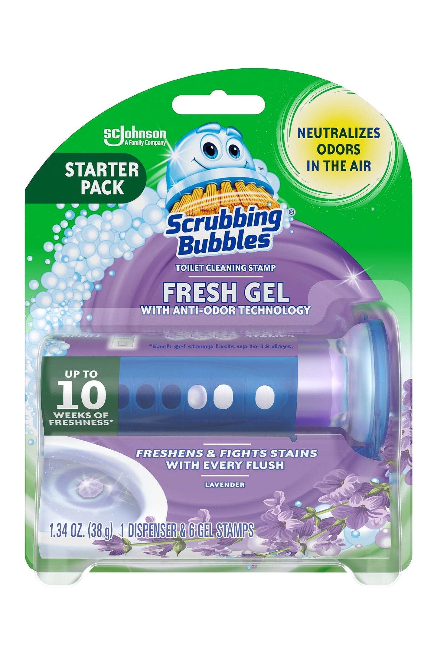 Scrubbing Bubbles Fresh Gel Toilet Bowl Cleaning Stamps, Helps Keep Toilet Clean and Helps Prevent Limescale & Rings, Lavender Scent, 1 Dispenser