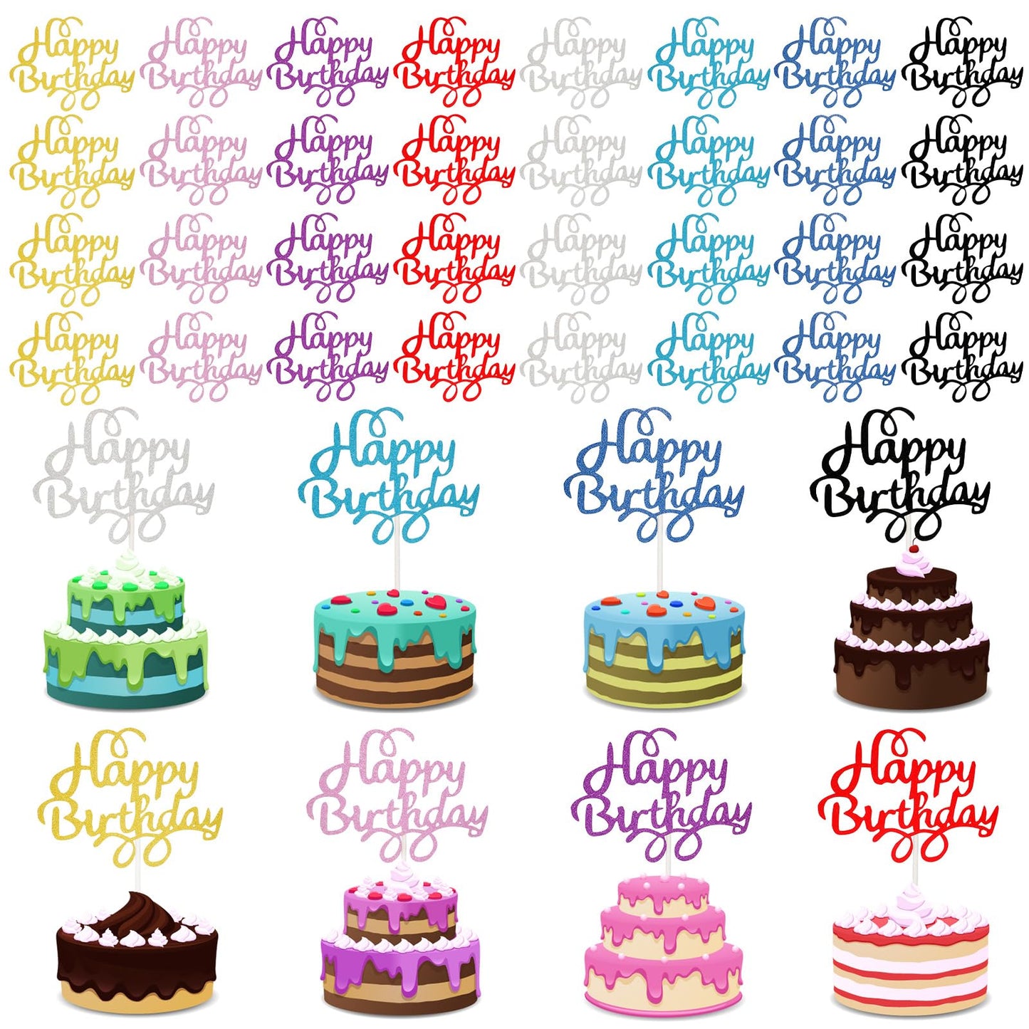 Boao 40 Pieces Birthday Cake Toppers 5.3 x 3.94 in Happy Glitter Birthday Cupcake Topper Cake Party Supplies Decorations for Children or Adults, 8