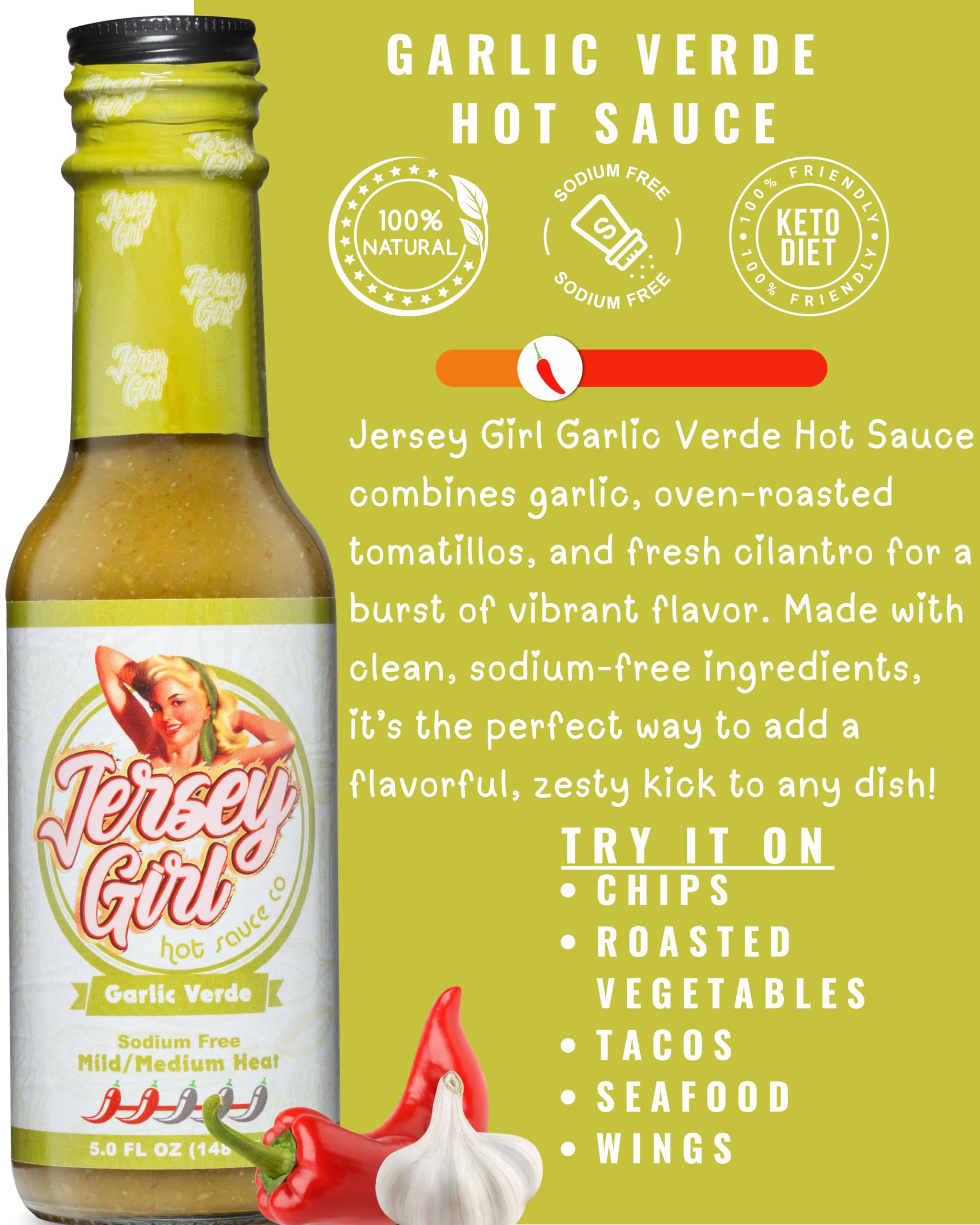 Jersey Girl Hot Sauce - Garlic Verde - No Added Salt - Naturally Sodium Free - All-Natural Healthy Ingredients with Hand-Picked Habaneros & Jalapeno