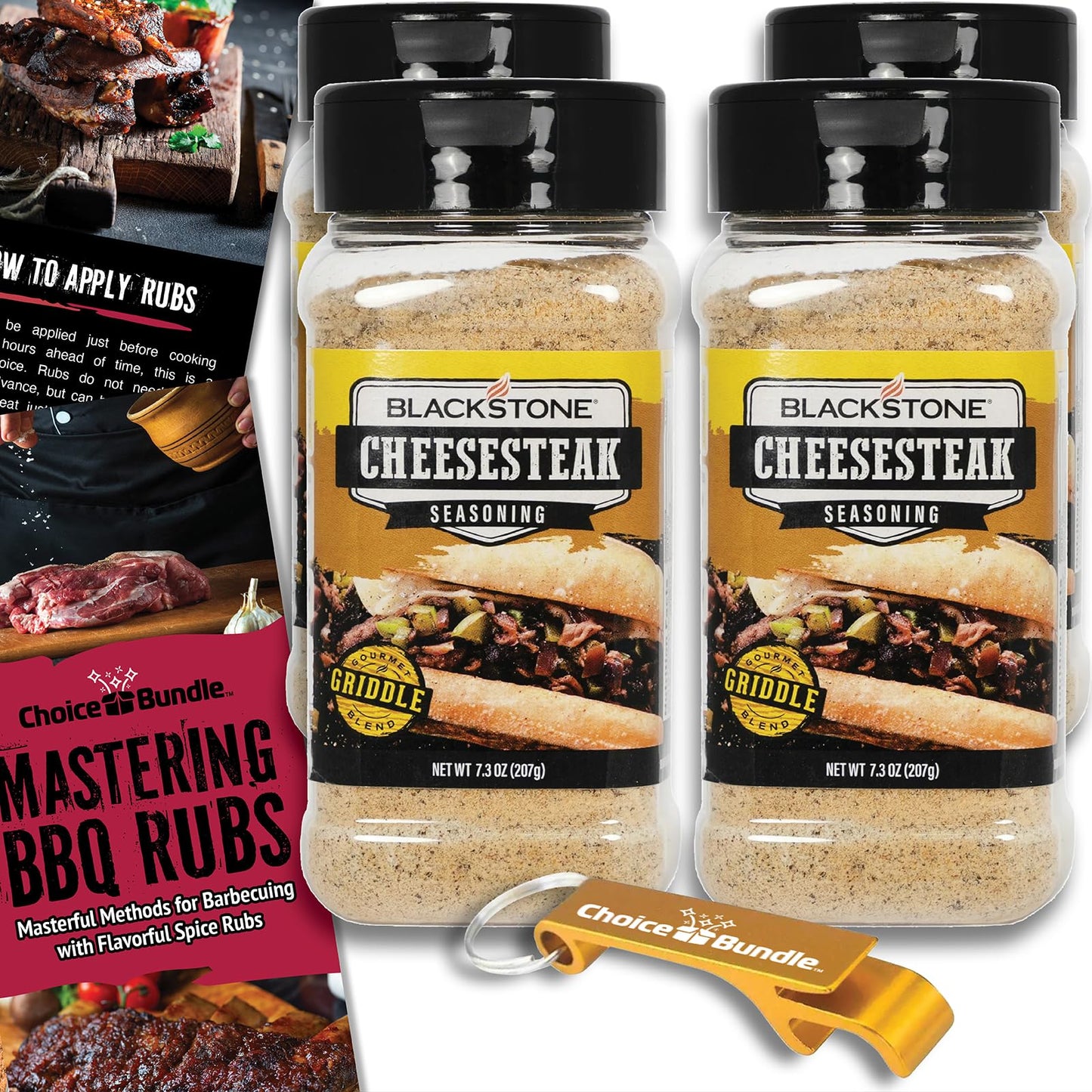 Blackstone Cheesesteak Seasoning - Gourmet Griddle Premium BBQ Barbecue Rub 4 Pk Choice Bundle (29.2 oz) + Guide & Opener (6 Items)!