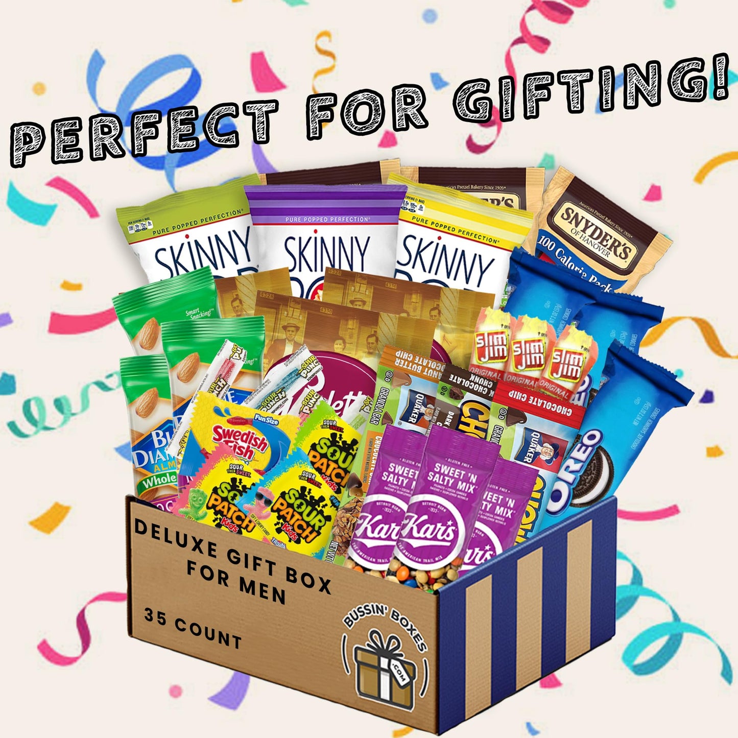 Snack Box Gift for Men - Almonds, Trail Mix, Granola Bars, Pretzels, Popcorn, Cookies, Candy and More - Ultimate Care Package for Him by Bussin Boxes
