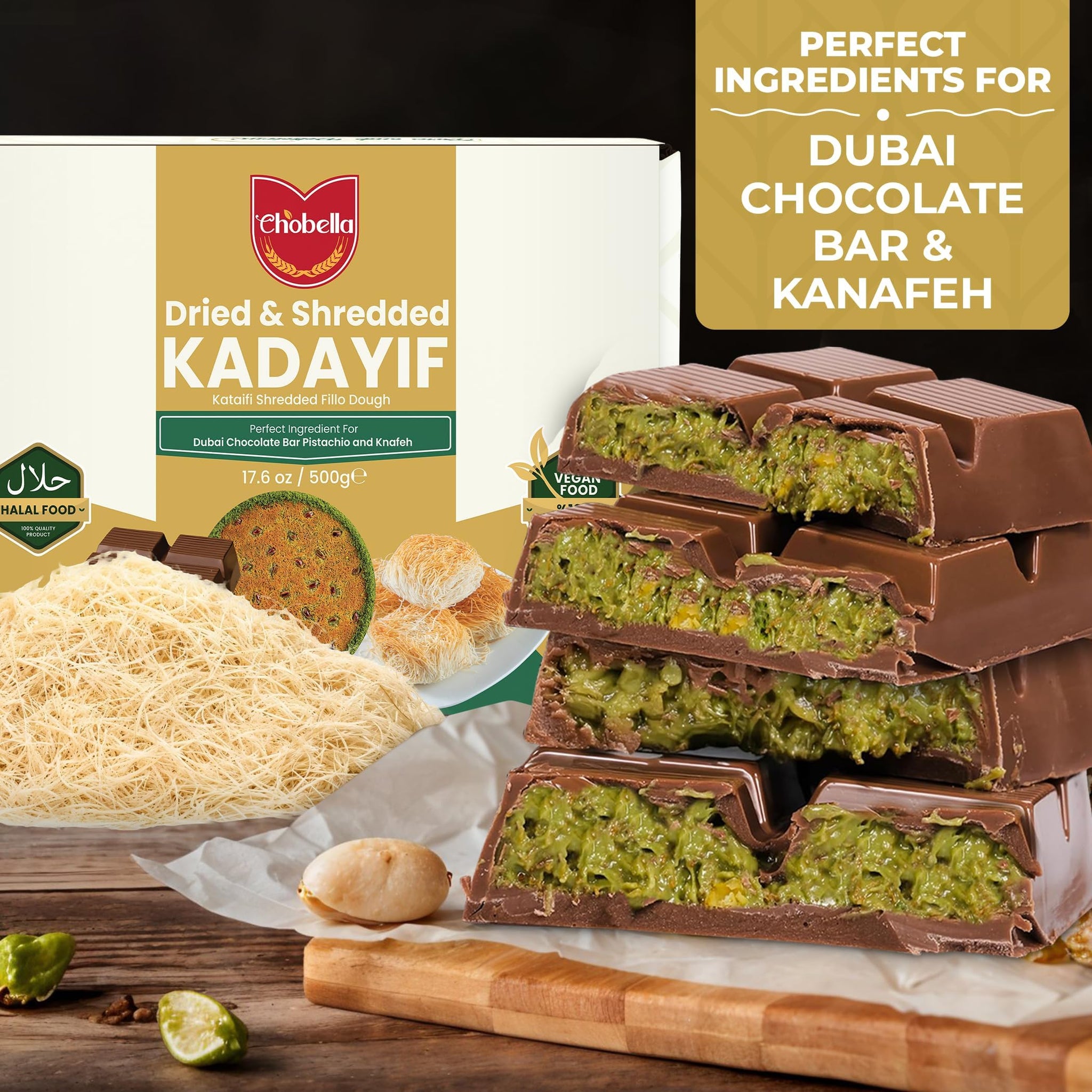 Chobella Premium Dried & Shredded Kataifi Fillo Dough, 500g (1.1lb), Kurutulmus Kadayif Pastry Dough, Ingredient for The Viral Dubai Pistachio