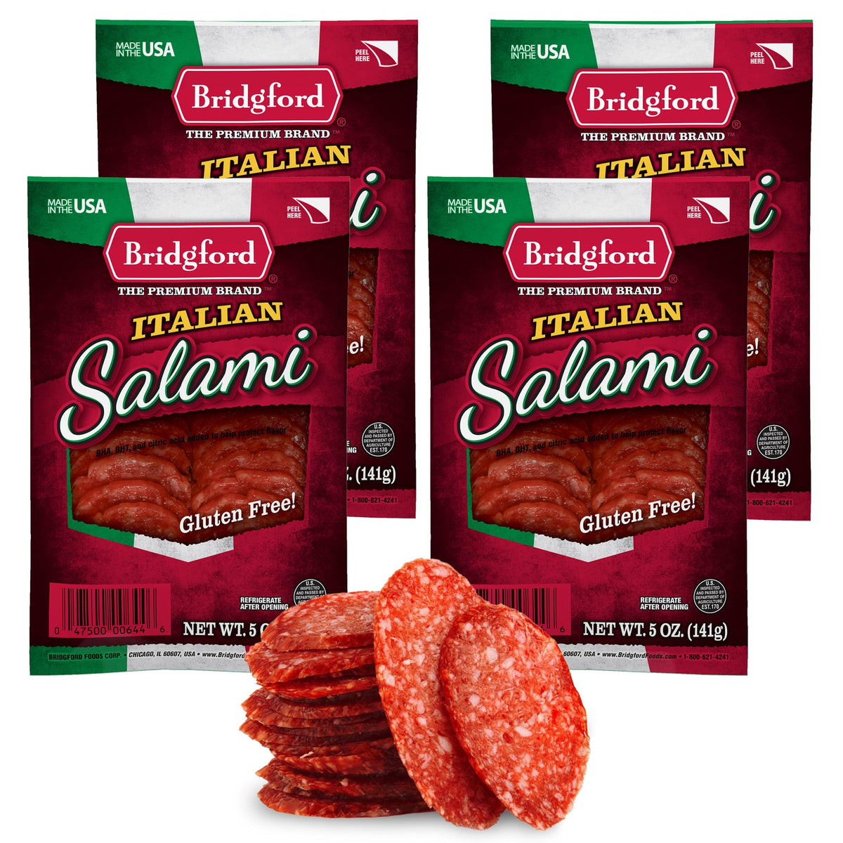 Bridgford Italian Salami 5 oz Pack of 4 - Zero Carb Healthy Salami Sliced Charcuterie Meat for Your Charcuterie Boards or Antipasto Platters
