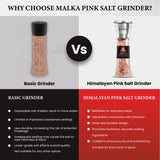 Malka Pink Salt Grinder Manual Bundle - Coarse Pre-filled Himalayan Pink Salt Grinders - Adjustable Glass Salt Grinders - Himalayan Salt Grinder