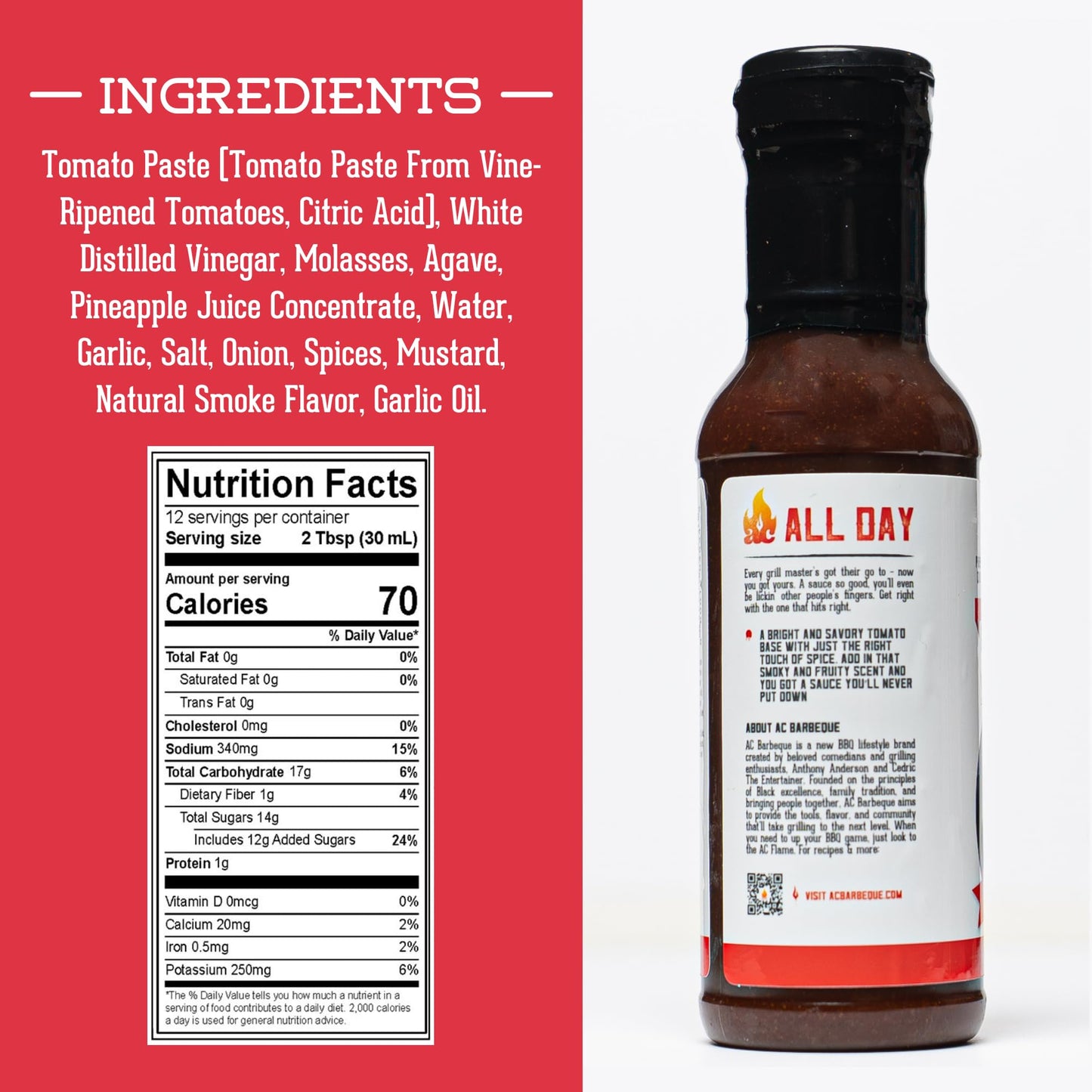 AC Barbeque Sauce - ALL DAY Every Day Sweet and Tangy BBQ Sauce, Savory Tomato Base, Great on Burgers, Ribs, Pulled Pork, Chicken, No MSG, 15.3oz