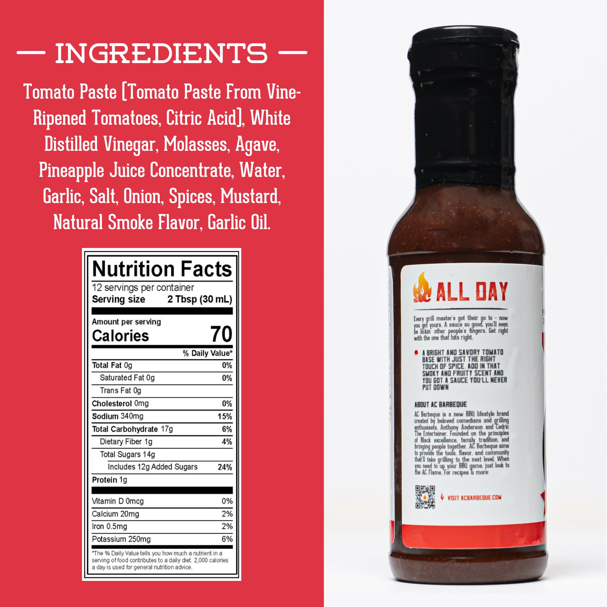 AC Barbeque Sauce - ALL DAY Every Day Sweet and Tangy BBQ Sauce, Savory Tomato Base, Great on Burgers, Ribs, Pulled Pork, Chicken, No MSG, 15.3oz